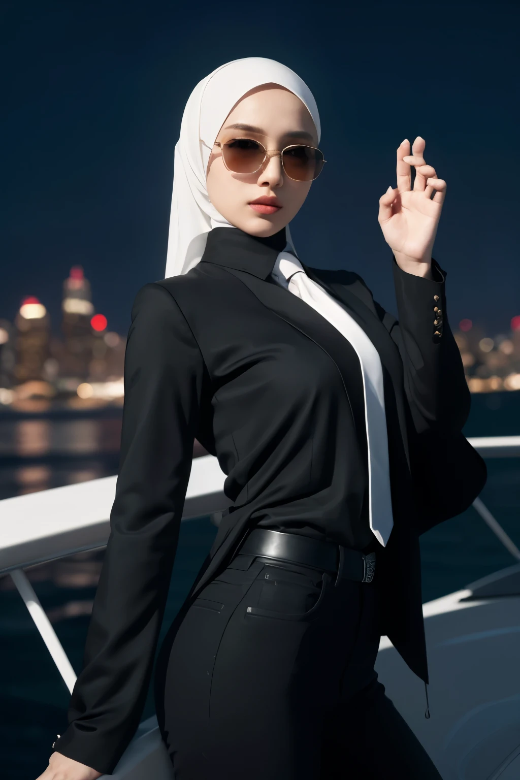 (masterpiece:1.2, best quality), 8k,Sharp focus, 1 cool adult woman in hijab posing infront on a yatch, long and waving hijab, windy, Wearing sunglasses, Wearing a black suit with a white shirt and tie,Dynamic pose, Night city background with beautiful lighting, bokeh, close up ,Prores lense, Low angle shot, Desaturated color grading, rear projection, Tungsten light, Dynamic shadows, indie