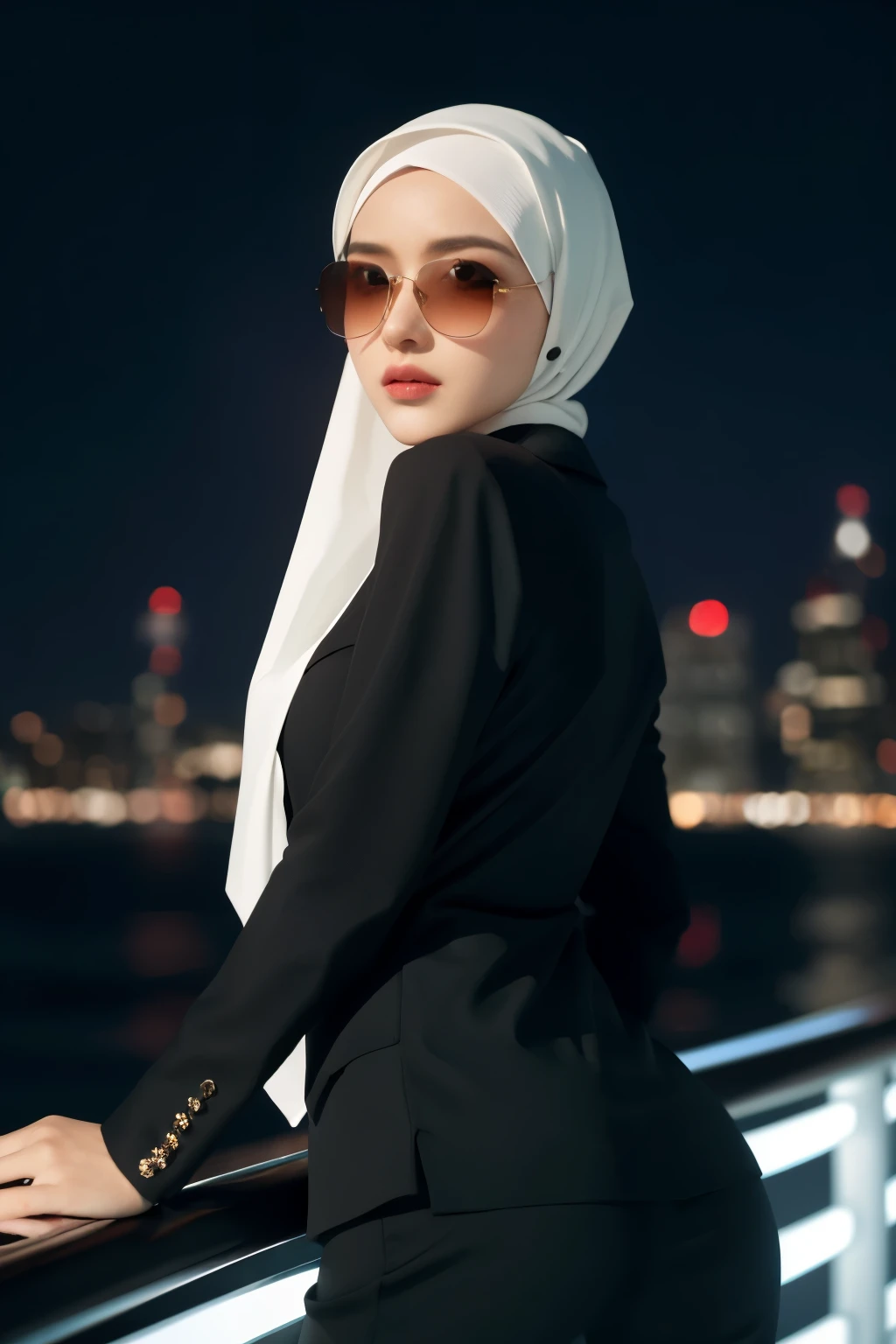 (masterpiece:1.2, best quality), 8k,Sharp focus, 1 cool adult woman in hijab posing infront on a yatch, long and waving hijab, windy, Wearing sunglasses, Wearing a black suit with a white shirt and tie,Dynamic pose, Night city background with beautiful lighting, bokeh, close up ,Prores lense, Low angle shot, Desaturated color grading, rear projection, Tungsten light, Dynamic shadows, indie