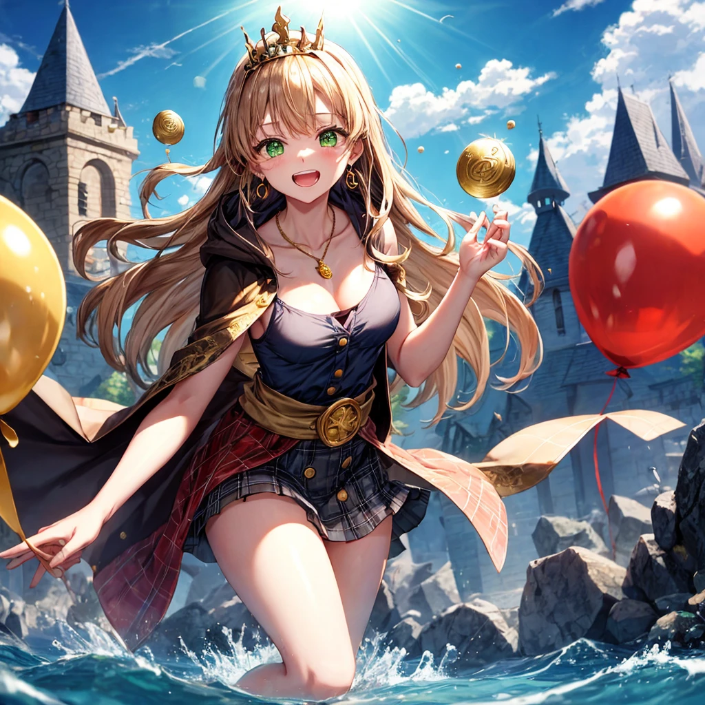 reddish-brown blonde、green eyes、one good looking girl、solo、anime、plaid mini skirt、the skirt has ons、camisole、black t-shirt、dress、wearing a ribbon、ribbon at waist、cloak、hood、clouds are swirling、stone slabs are piled up、one hand raised、crystal earrings、sun、gold coins are falling、teeth are visible、splash of water、monster castle、have a world map、ceiling、golden key、balloon、jewelry necklace、tiara