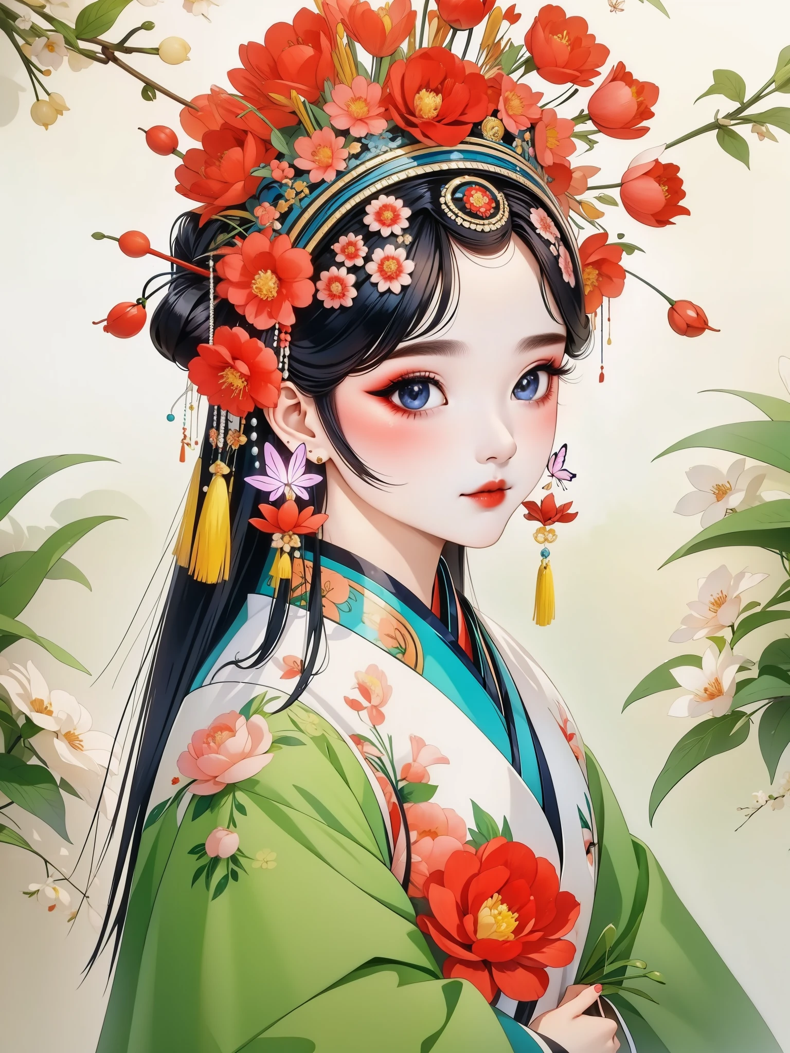 (masterpiece, best quality:1.2),Q version：1.37，Circular sticker：1.37. (1 girl, alone，beautiful).（Exquisite facial features，eyelash，blush，long hair，Exquisite makeup），黑色long hair，Hanfu，tassel，Butterfly，peony，symmetry，White background，