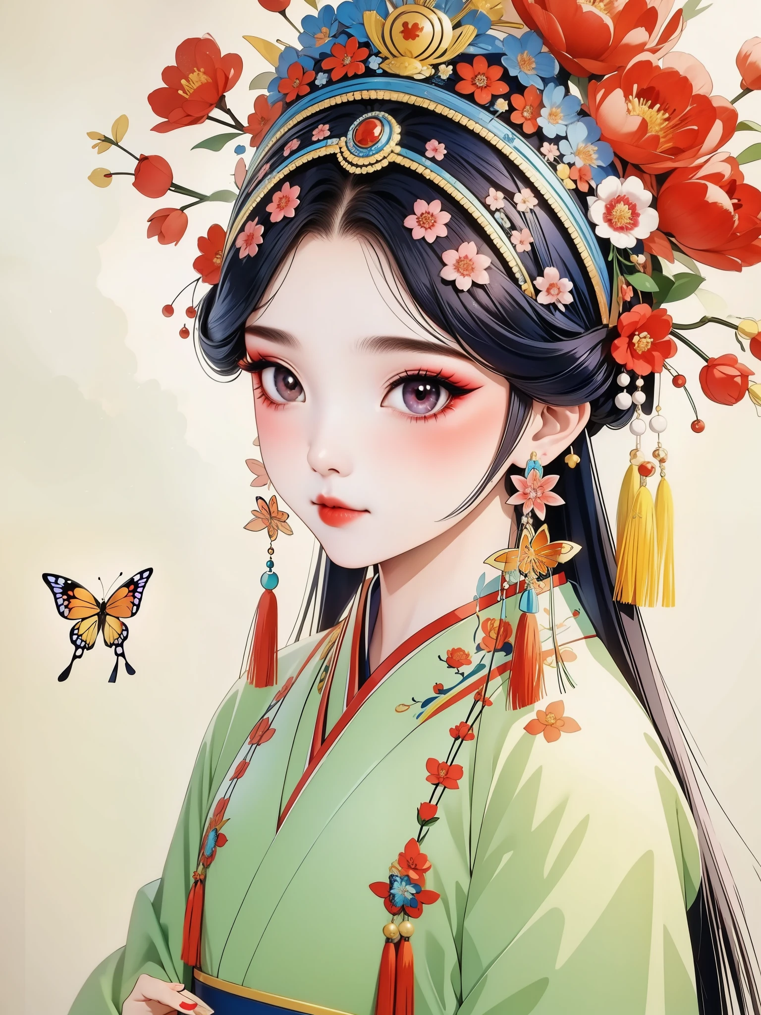 (masterpiece, best quality:1.2),Q version：1.37，Circular sticker：1.37. (1 girl, alone，beautiful).（Exquisite facial features，eyelash，blush，long hair，Exquisite makeup），黑色long hair，Hanfu，tassel，Butterfly，peony，symmetry，White background，