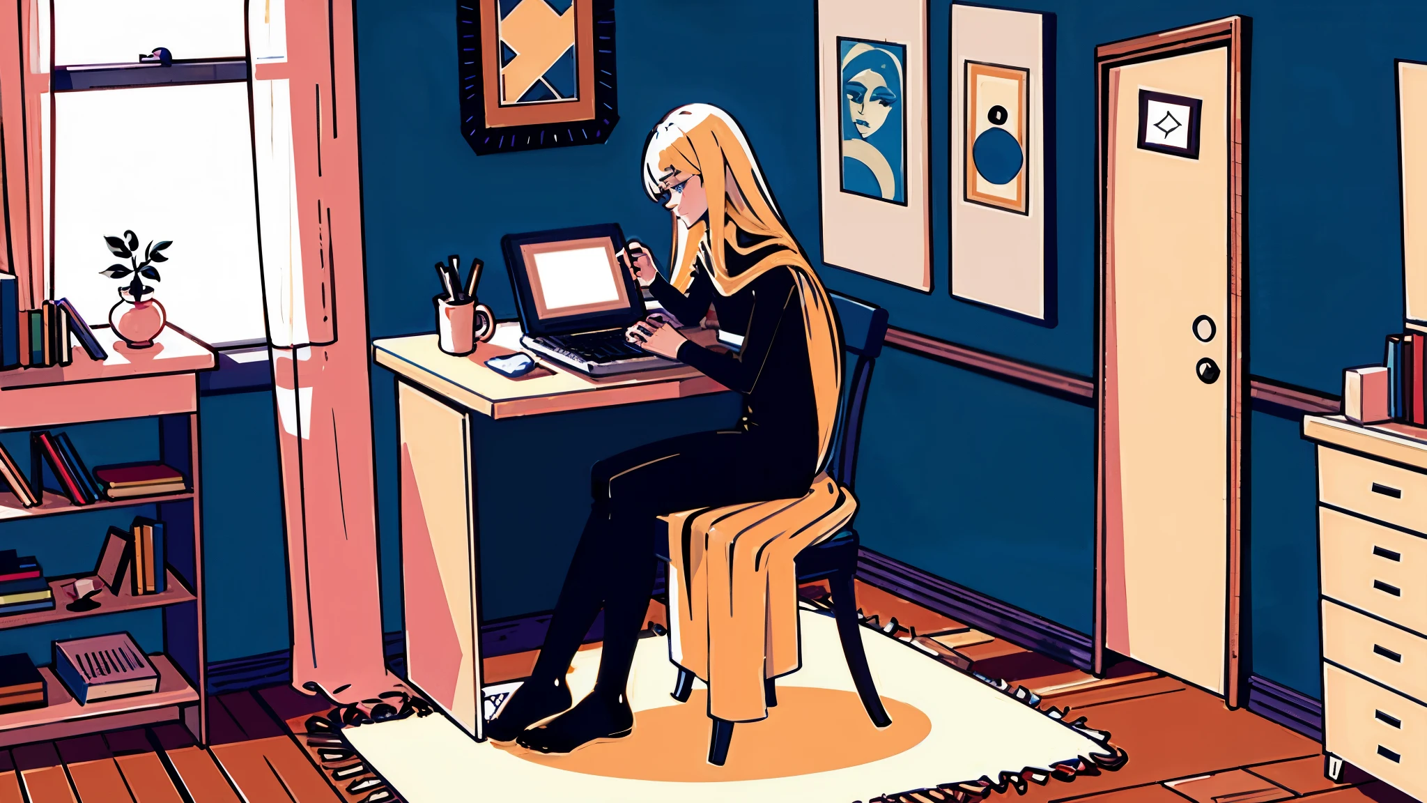 A tall slender blonde girl studying on a computer while playing with a blue-eyed cat in her room a coffee cup is on the desk