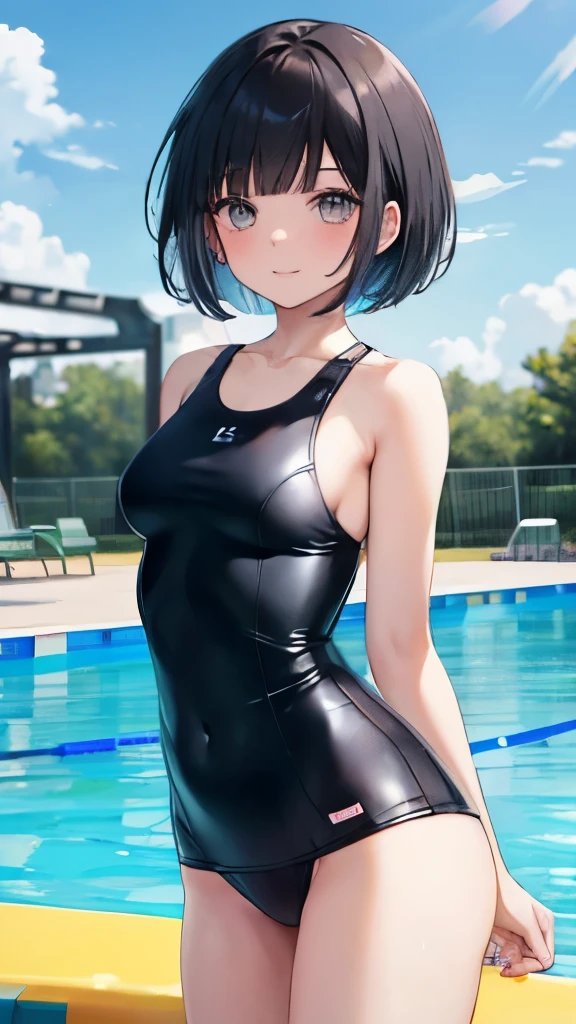 (8k、best image quality、highest quality、masterpiece)、detailed face、1 girl、black hair、bob cut、dull bangs、gray eyes、evil smile、small breasts、one piece swimsuit、cowboy shot、buttocks、blue sky、pool background、