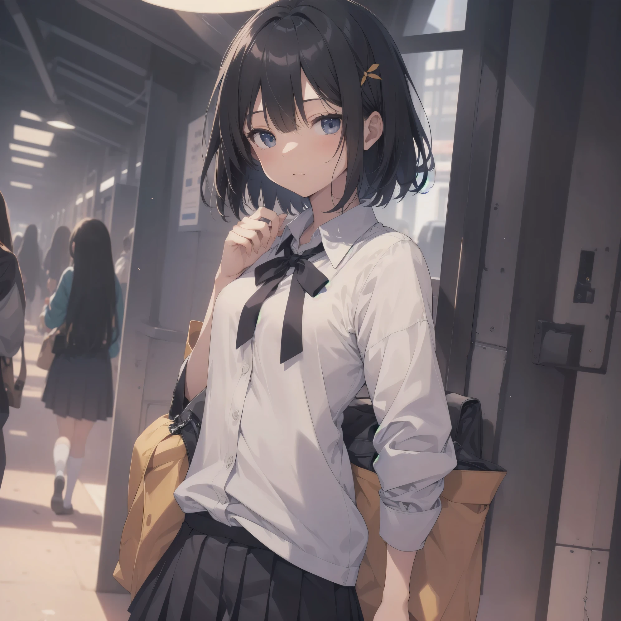 Super absurd quality by the god of art, super detailed, High resolution, anime moe art style, Best Anime 8K Kona-chan Wallpaper, pixiv contest winner, perfect anatomy, break,(眠そうにalone学校へ行く女の子を描いてください. )break,1 girl, (alone,little woman, baby face, 13 years old:1.3),All limbs, full finger,, The charm of an immature body, (very short hair), bangs, flat chest, Small Bodysuits, small ass, between legs, small black eyes, detailed and beautiful eyes, Well-proportioned iris and pupils, expressive eyes, sleepy eyes, High resolutionの詳細な髪, ribbon, neck ribbon, skirt, collared shirt, pleated skirt, school uniform, school bag,(detailed lighting), (detailed background), On the way to school. break,super dense skin, cinematic lighting, 8k, figure,photoshop_(Moderate),Absurd Hi-Res,Hmm,rough skin