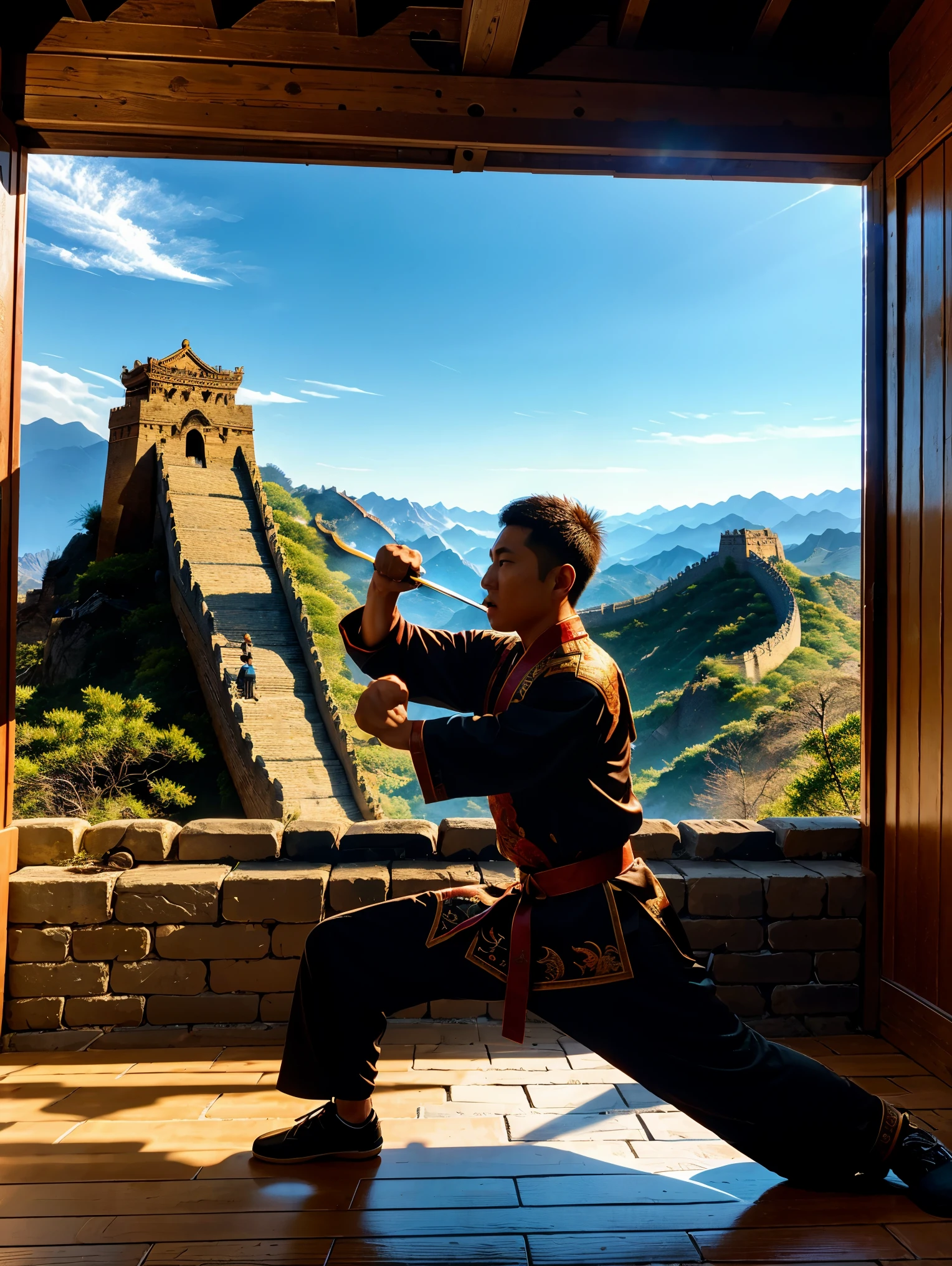 1 boy，Great Wall，martial arts，在一座古老的Great Wall城上的壁画训练，Heroic and heroic，Fists clenched，When preparing to attack，His clothes are full of energy，Decorated with dragon patterns，Symbolizes strength and wisdom。Extraordinarily accurate depiction of the ancient city wall environment，Includes watchtower and craggy stone textures，Surrounded by mountains in the distance，（ultra high definitiotomically correct，masterpiece，precise，best quality，8k), Vector martial arts illustration