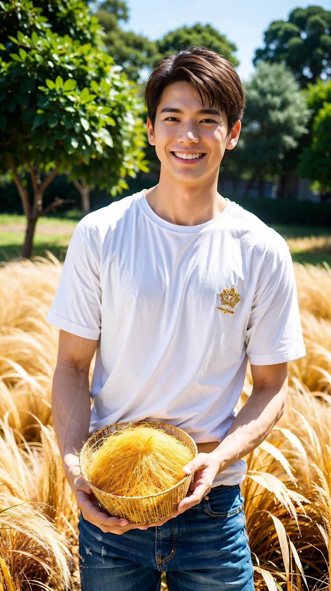 Best Quality, Ultra High Resolution, (Realistic:1.4), Masterpiece, Blurred Background ,Muscle, Solo, 1 Boy, Young , Standing, White Skin, Shirt, Posing, Facial Focus, Smile, Shut Up, (in Golden Rice Paddie)