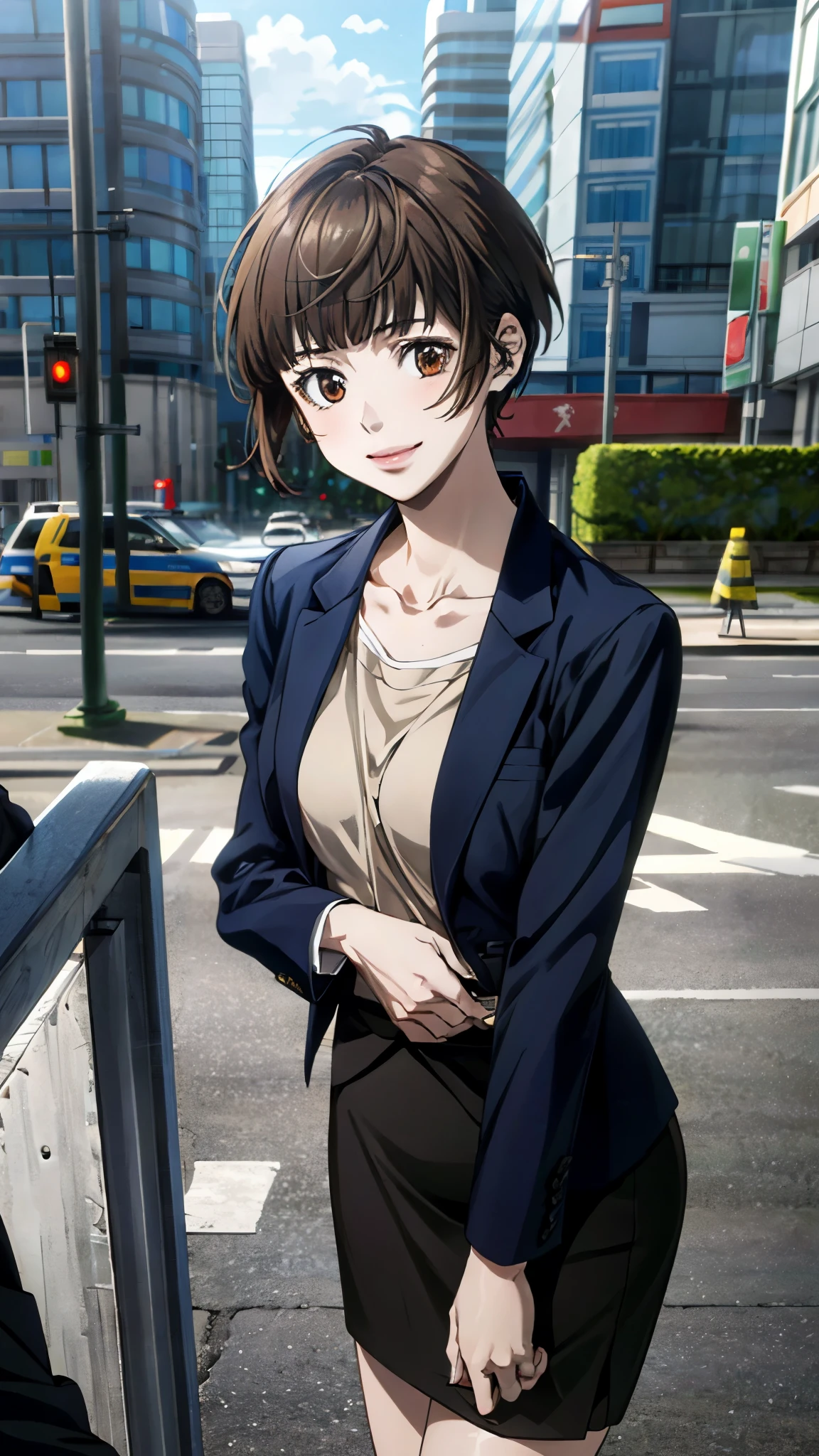 (masterpiece:1.2, top-quality), (realistic, photorealistic:1.4), beautiful illustration, (natural side lighting, movie lighting), 
looking at viewer, 1 girl, tsunemori akane, public security bureau criminal class 1, female surveillancer japanese, 
perfect face, perfect anatomy, cute and symmetrical face, shiny skin, 
(short hair, bob cut, brown hair), dark brown eyes, long eye lasher, (middle breasts), slender, 
beautiful hair, beautiful face, beautiful detailed eyes, beautiful clavicle, beautiful body, beautiful chest, beautiful thigh, beautiful legs, beautiful fingers, 
(navy tight skirt, navy jacket, shirt, police handgun holder on waist), 
(beautiful scenery), depth of field, morning, (city) standing, hand on chest, (smile), 