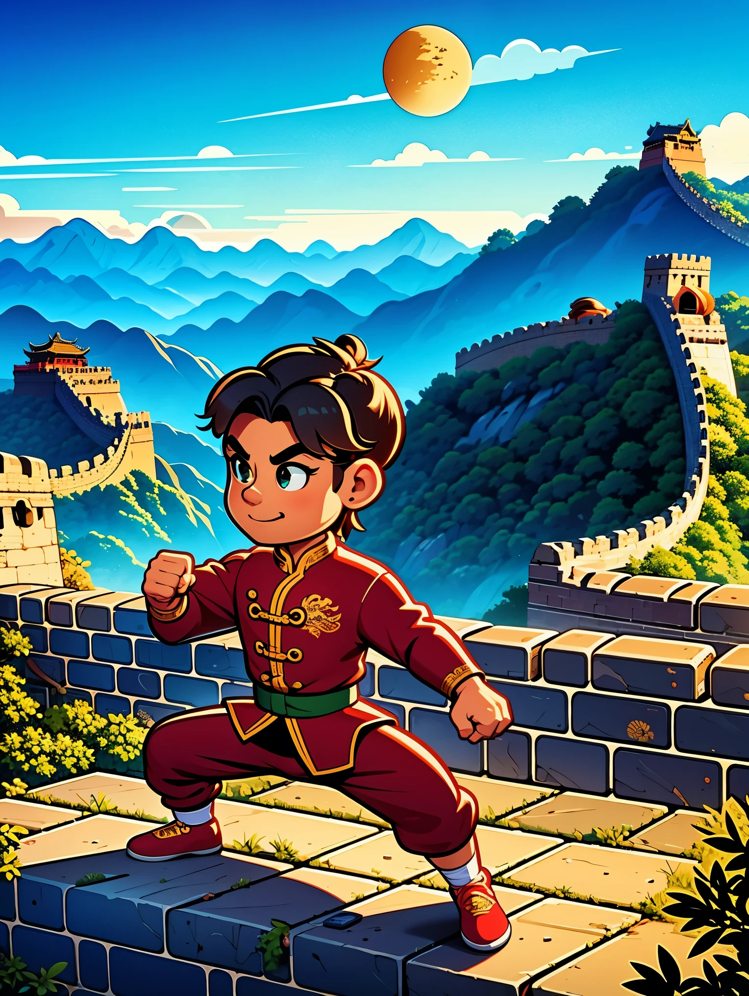 1 boy,Great Wall,martial arts,在一座古老的Great Wall城上的壁画训练,Heroic and heroic,Fists clenched,When preparing to attack,His clothes are full of energy,Decorated with dragon patterns,Symbolizes strength and wisdom。Extraordinarily accurate depiction of the ancient city wall environment,Includes watchtower and craggy stone textures,Surrounded by mountains in the distance,(ultra high definitiotomically correct,masterpiece,precise,best quality,8k), Vector martial arts illustration