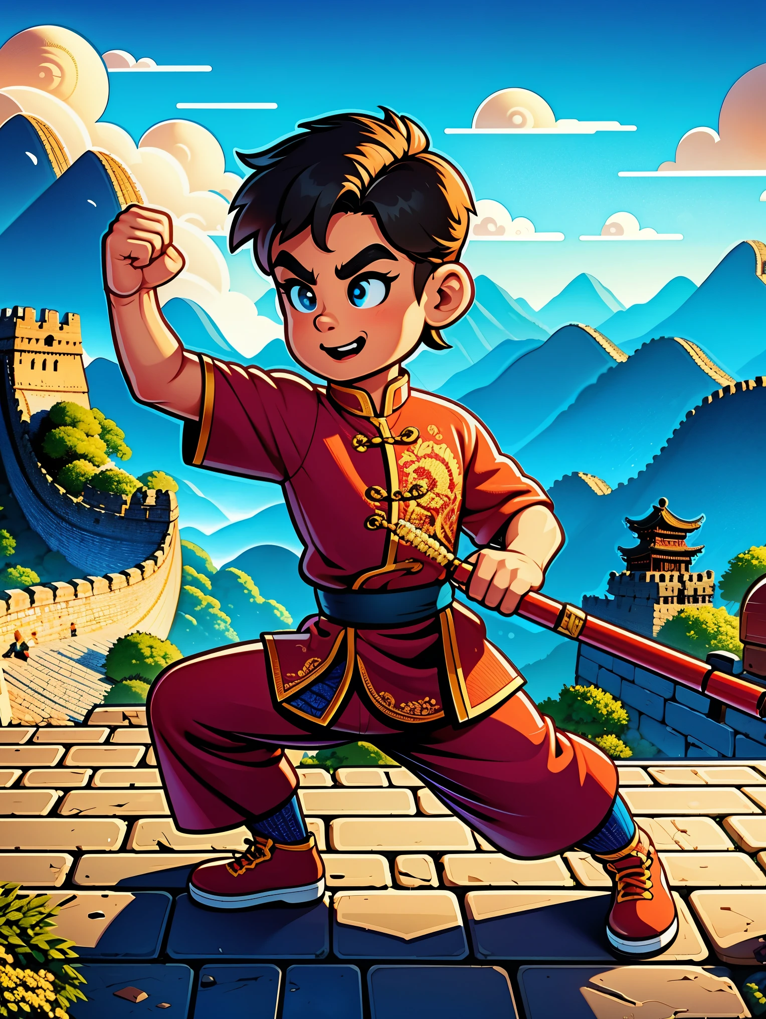 1 boy，Great Wall，martial arts，在一座古老的Great Wall城上的壁画训练，Heroic and heroic，Fists clenched，When preparing to attack，His clothes are full of energy，Decorated with dragon patterns，Symbolizes strength and wisdom。Extraordinarily accurate depiction of the ancient city wall environment，Includes watchtower and craggy stone textures，Surrounded by mountains in the distance，（ultra high definitiotomically correct，masterpiece，precise，best quality，8k), Vector martial arts illustration