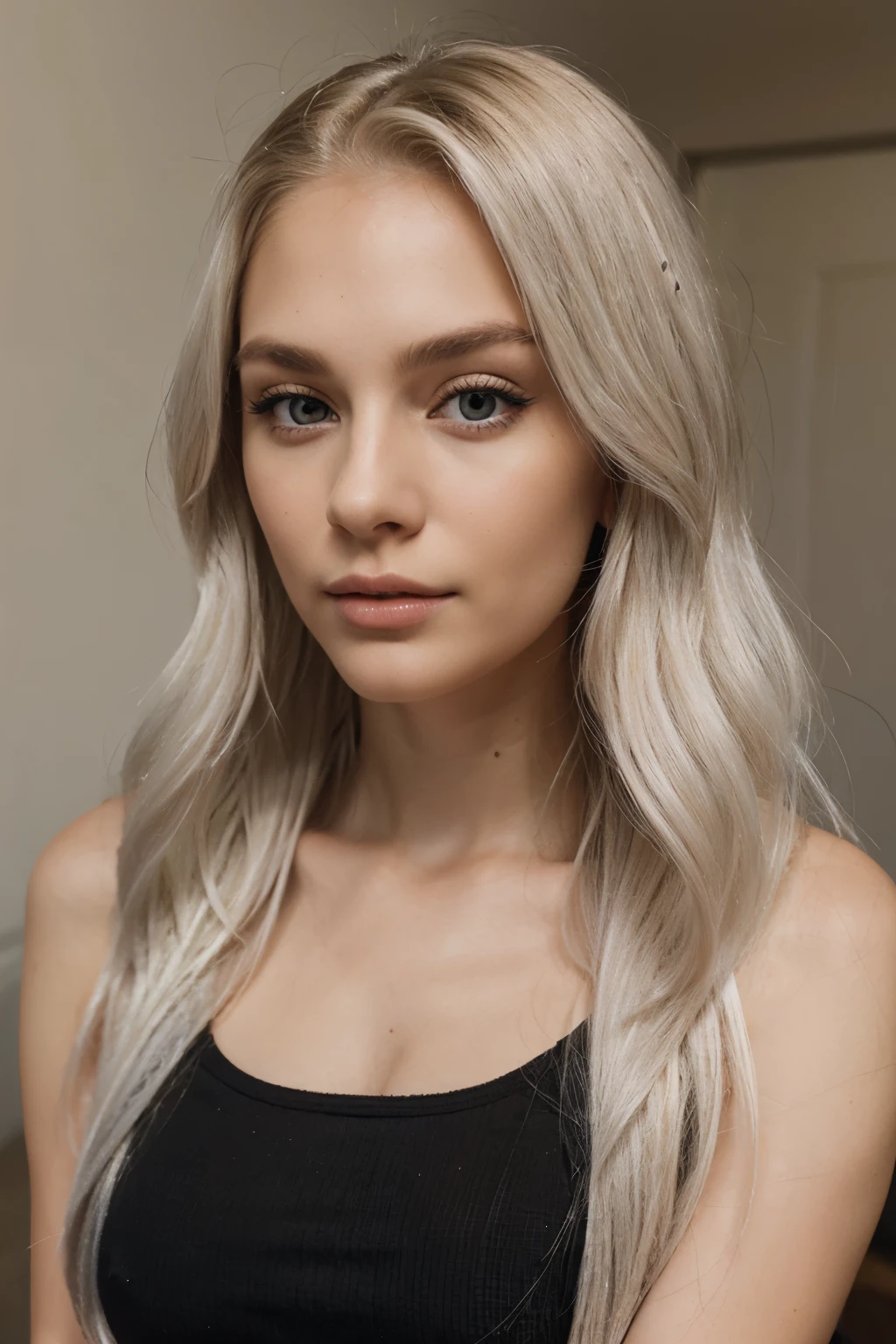 Woman, 25 years old, Long platinum blonde hair, brown eyes, model, frontal portrait
