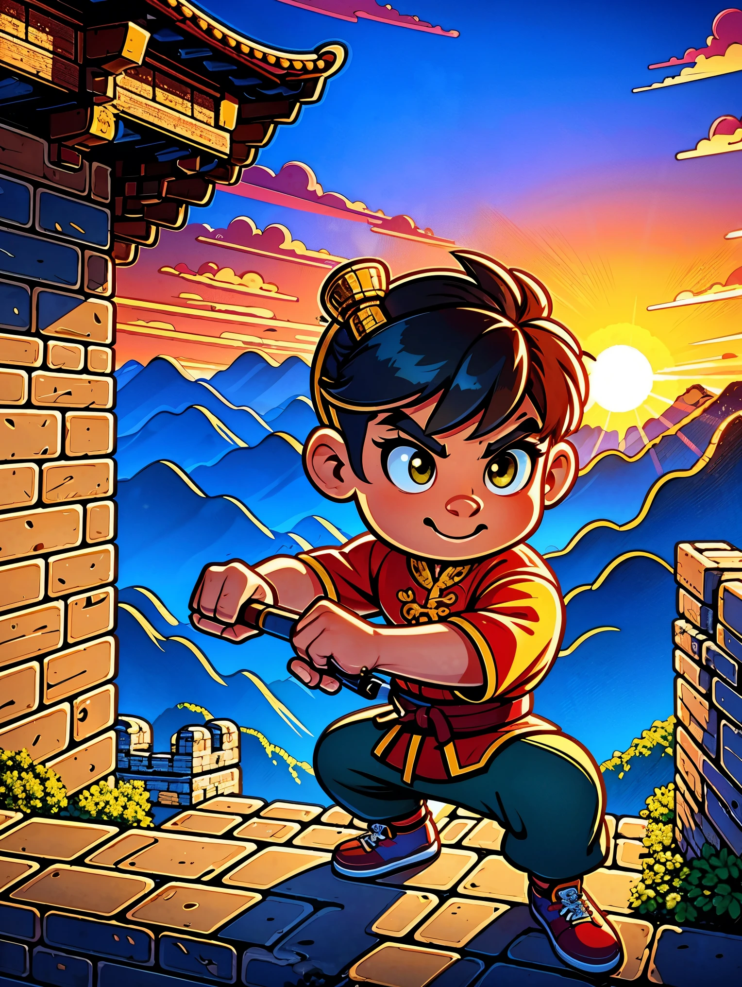 1 boy，Great Wall，martial arts，在一座古老的Great Wall城上的壁画训练，The background is the sunset，Heroic and heroic，Fists clenched，When preparing to attack，His clothes are full of energy，Decorated with dragon patterns，Symbolizes strength and wisdom。Extraordinarily accurate depiction of the ancient city wall environment，Includes watchtower and craggy stone textures，Surrounded by mountains in the distance，（ultra high definitiotomically correct，masterpiece，precise，best quality，8k), Vector martial arts illustration