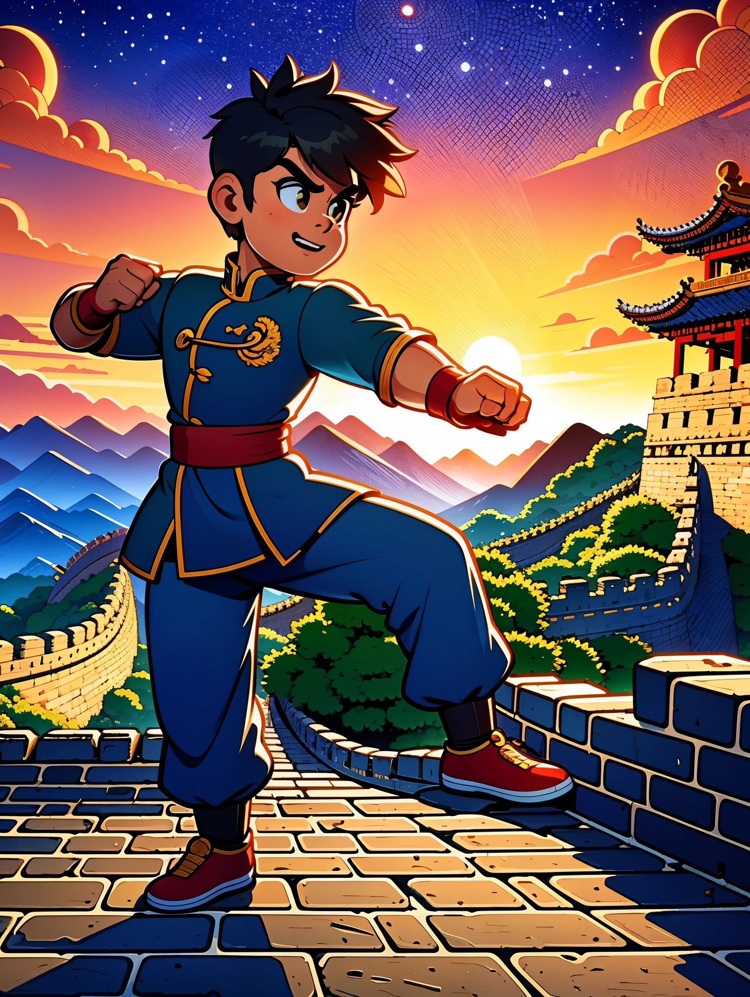1 boy,Great Wall,martial arts,在一座古老的Great Wall城上的壁画训练,The background is the sunset,Heroic and heroic,Fists clenched,When preparing to attack,His clothes are full of energy,Decorated with dragon patterns,Symbolizes strength and wisdom。Extraordinarily accurate depiction of the ancient city wall environment,Includes watchtower and craggy stone textures,Surrounded by mountains in the distance,(ultra high definitiotomically correct,masterpiece,precise,best quality,8k), Vector martial arts illustration
