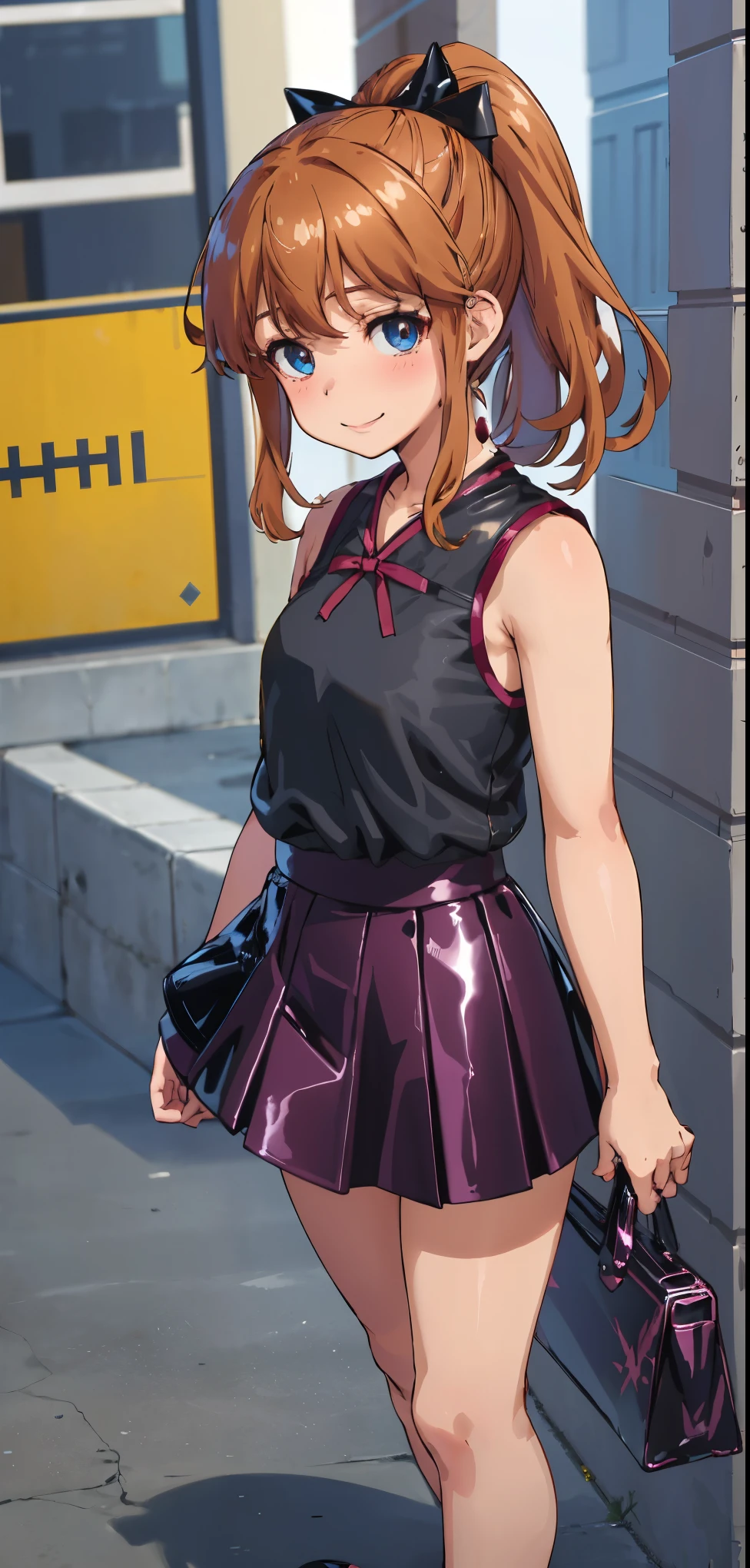 best quality, (masterpiece:1.2), highly detailed, standing, street,
1girl, solo, akatsuki minami,
looking at the viewer, closed mouth, smile, slight blush,
blue eyes, brown hair, ponytail, hair bow, sleeveless, ((dominant girl, latex skirt,  latex shirt))