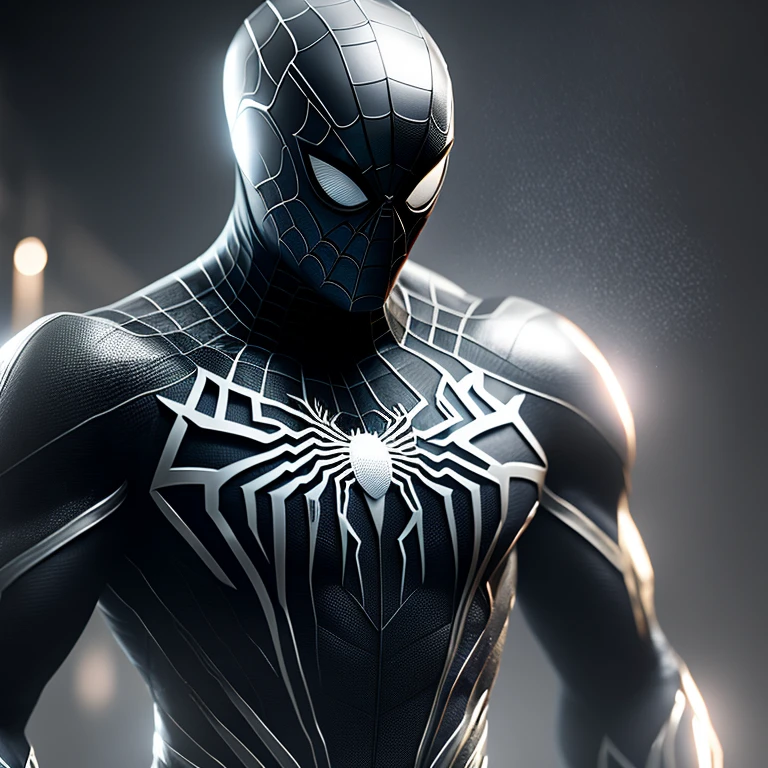 (8k, foto RAW, melhor qualidade, obra-prima: 1.2) A highly detailed and lifelike image of Spider-Man in his black suit, with the spider emblem in white prominently displayed on his chest. The organic-looking clothing appears gooey and textured, as if it's part of the character's symbiote suit. The white eyes of Spider-Man shine brightly, reflecting the fine art-style lighting. This image is a official piece of artwork, captured in 8k resolution with the finest RAW settings, promising exquisite detail and realism. The cinematic screenshot from the PlayStation 