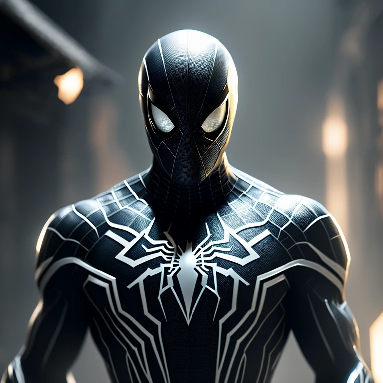 (8k, foto RAW, melhor qualidade, obra-prima: 1.2) A highly detailed and lifelike image of Spider-Man in his black suit, with the spider emblem in white prominently displayed on his chest. The organic-looking clothing appears gooey and textured, as if it's part of the character's symbiote suit. The white eyes of Spider-Man shine brightly, reflecting the fine art-style lighting. This image is a official piece of artwork, captured in 8k resolution with the finest RAW settings, promising exquisite detail and realism. The cinematic screenshot from the PlayStation 