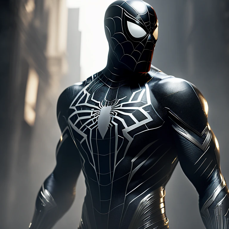 (8k, foto RAW, melhor qualidade, obra-prima: 1.2) A highly detailed and lifelike image of Spider-Man in his black suit, with the spider emblem in white prominently displayed on his chest. The organic-looking clothing appears gooey and textured, as if it's part of the character's symbiote suit. The white eyes of Spider-Man shine brightly, reflecting the fine art-style lighting. This image is a official piece of artwork, captured in 8k resolution with the finest RAW settings, promising exquisite detail and realism. The cinematic screenshot from the PlayStation 
