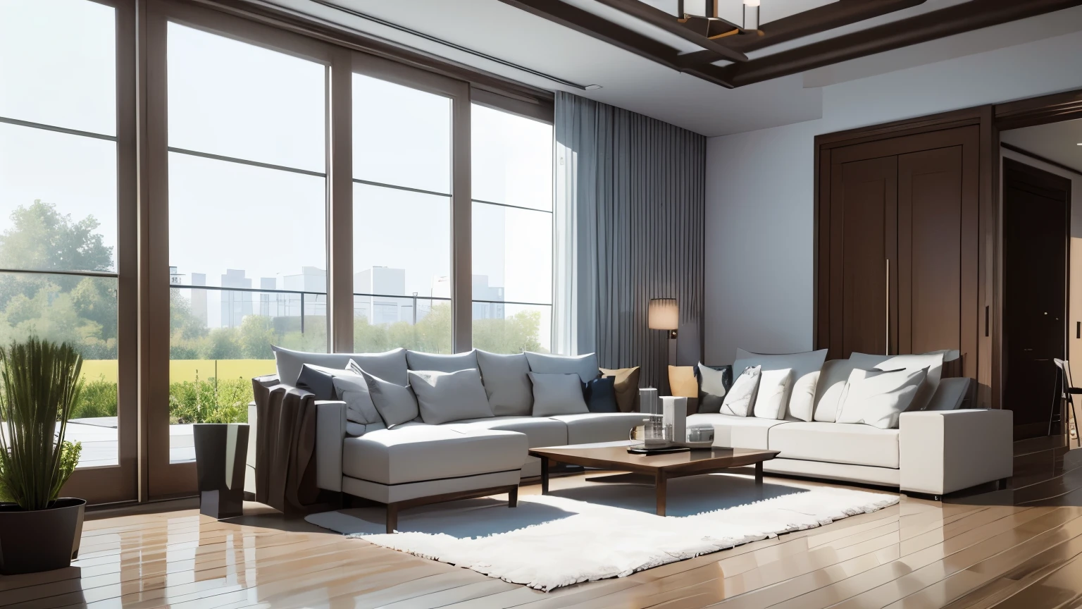 you are a famous interior designer、I was asked to create a 3D image of a large modern room.。. Create a harmonious environment with modern and minimalist furniture. Including garden interior.