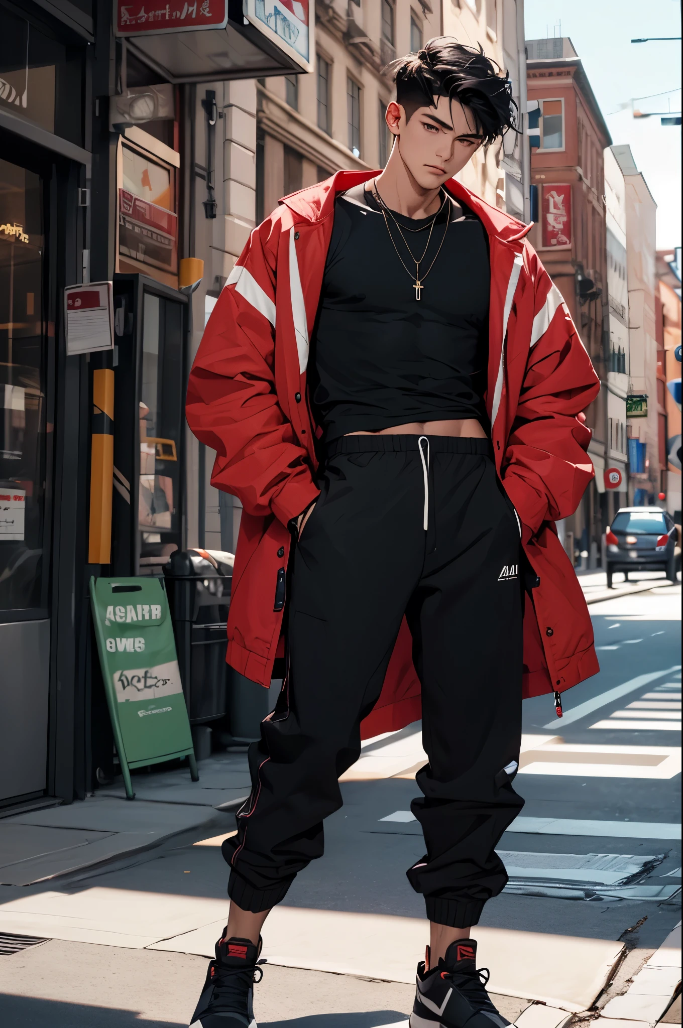 1boy,male focus,jacket,solo,jewelry,shirt,black hair,open jacket,open clothes,short hair,outdoors,looking at viewer,necklace,pants,black shirt,red jacket,closed mouth,artist name,covered abs,hands in pockets,pectorals,black pants,muscular,off shoulder,city,muscular male,building,undercut,