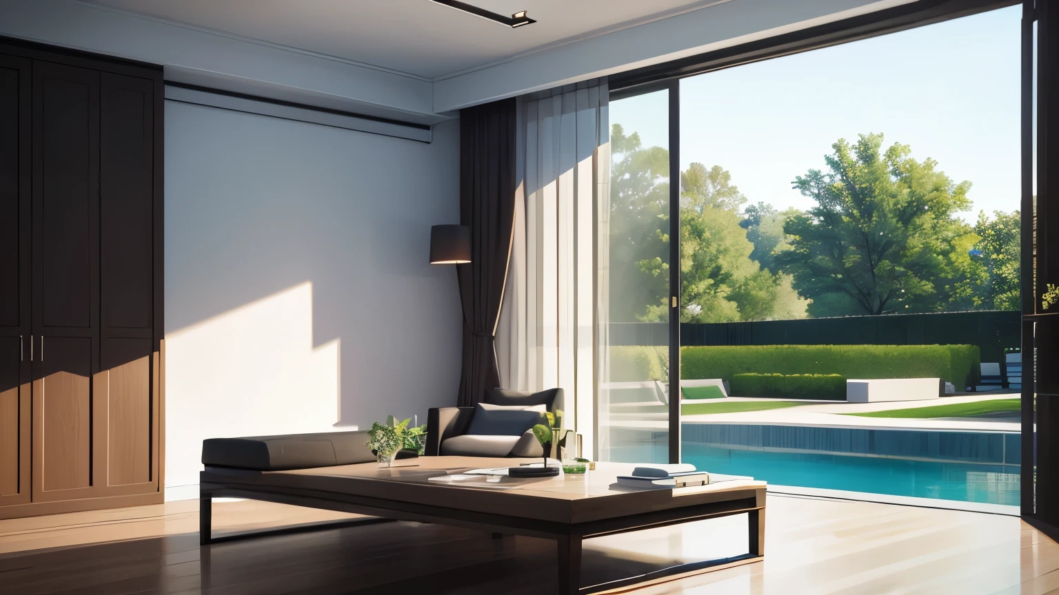 you are a famous interior designer、I was asked to create a 3D image of a large modern room.。. Create a harmonious environment with modern and minimalist furniture. Including garden interior.