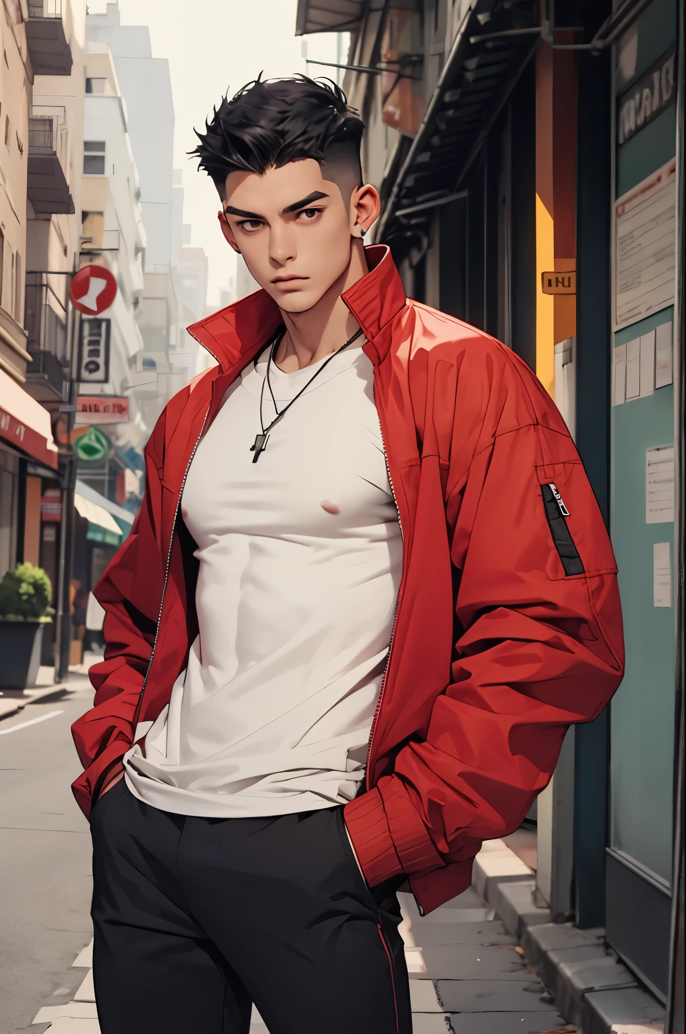 1boy,male focus,jacket,solo,jewelry,shirt,black hair,open jacket,open clothes,short hair,outdoors,looking at viewer,necklace,pants,black shirt,red jacket,closed mouth,artist name,covered abs,hands in pockets,pectorals,black pants,muscular,off shoulder,city,muscular male,building,undercut,