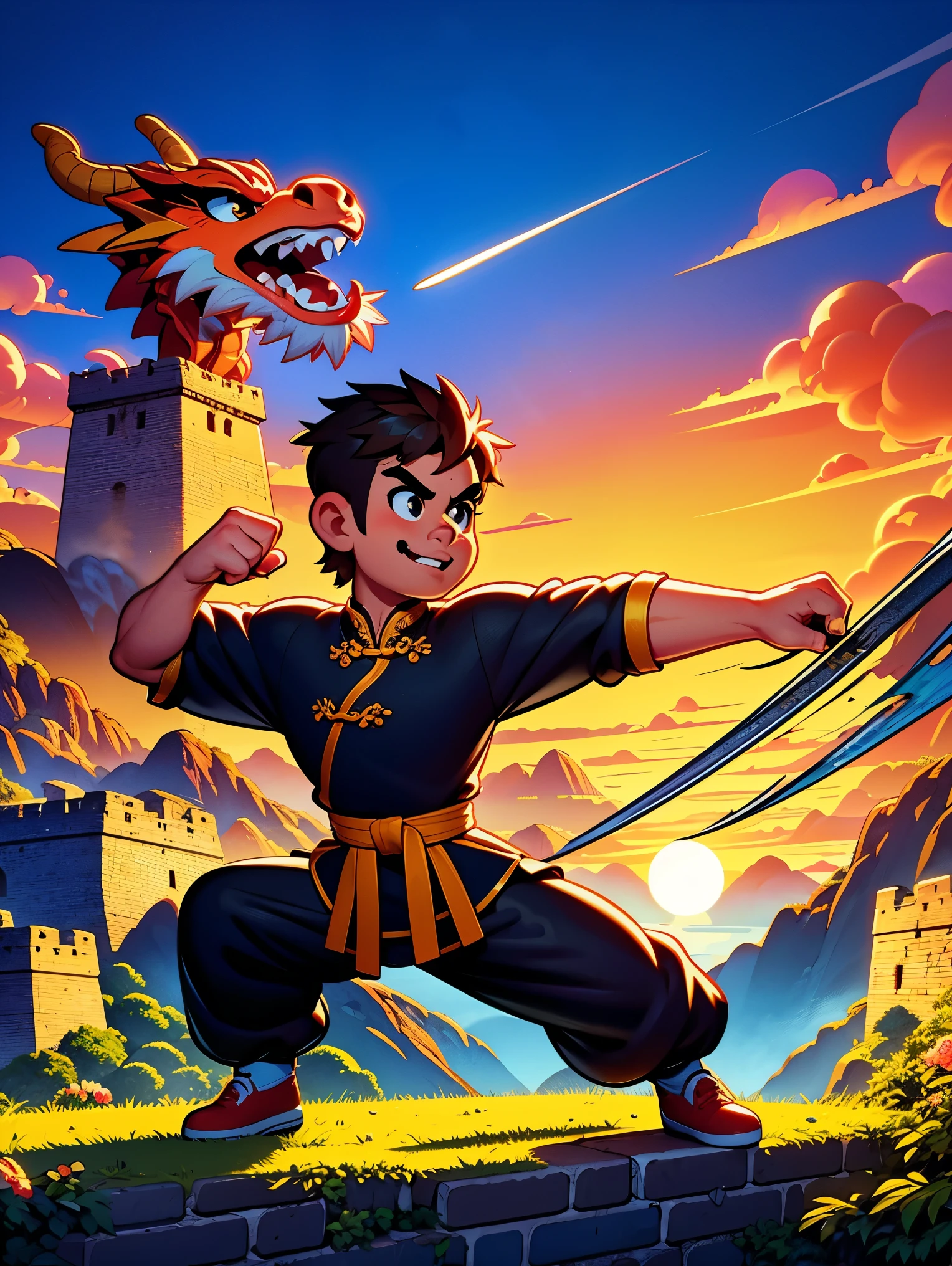 cute cartoon，中国martial arts，Vector illustration，1 boy，Oriental Dragon，Great Wall，martial arts，在一座古老的Great Wall城上的壁画训练，The background is the sunset，Heroic and heroic，Fists clenched，When preparing to attack，His clothes are full of energy，Decorated with dragon patterns，Symbolizes strength and wisdom。Extraordinarily accurate depiction of the ancient city wall environment，Includes watchtower and craggy stone textures，Surrounded by mountains in the distance，（ultra high definitiotomically correct，masterpiece，precise，best quality，8k), Vector martial arts illustration