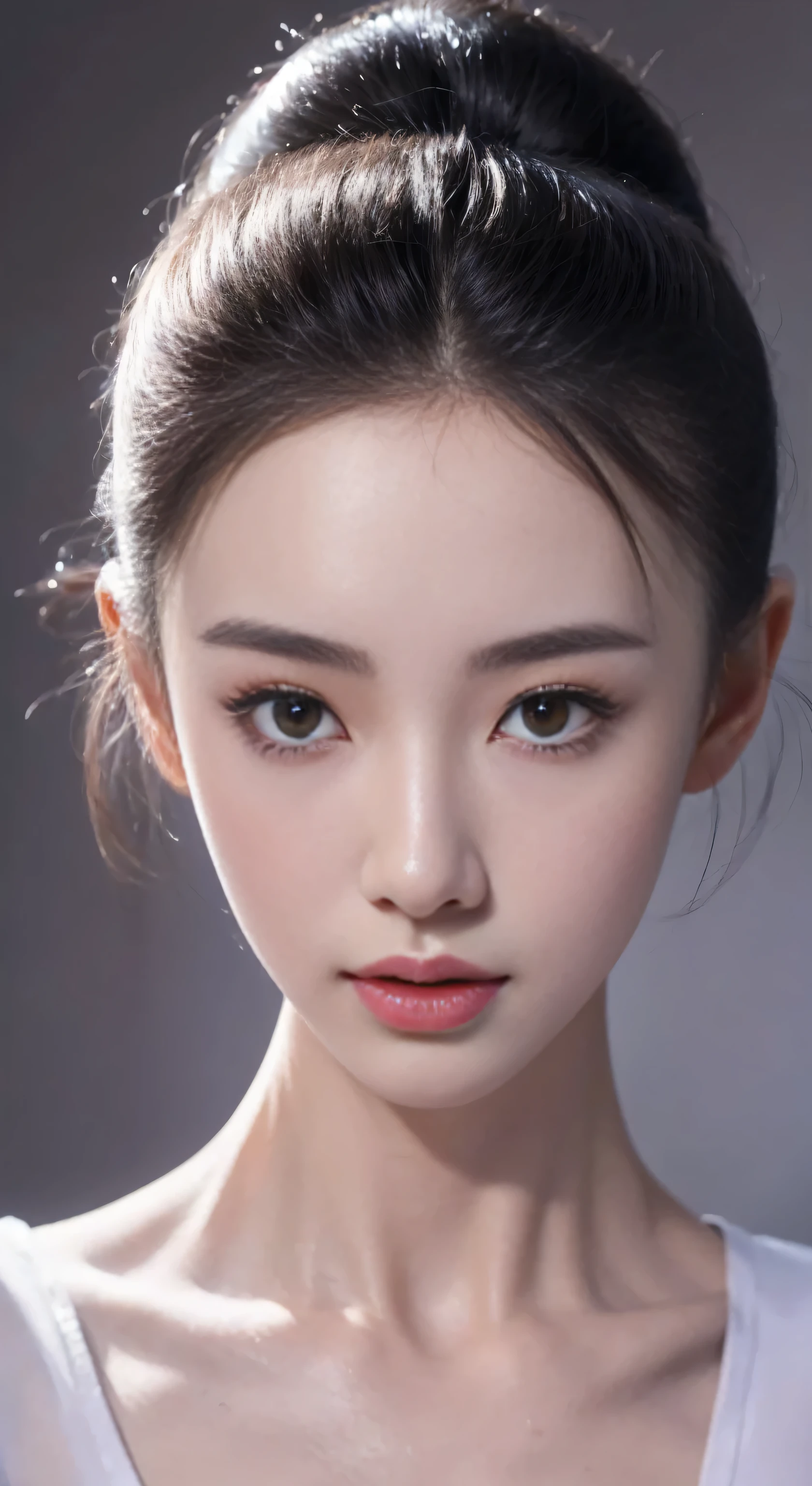 fashion model 18 years old [[[[Close-up face]]]], [[[[]]]], [[[[rape]]]], perfect eyes, perfect iris，perfect lips，perfect teeth，Perfect skin，Has fair skin，long face，slender nose，girl，((Chinese ballet dancer&#39;s face))，Keep your eyes on the camera，A delicate face，meatball head，Raised sexy，Slim，（face close-up），gray background，4K Ultra HD, ultra high resolution, (lifelike: 1.4), best quality，masterpiece，（pastel colors：1.2），（Front view 1.8)