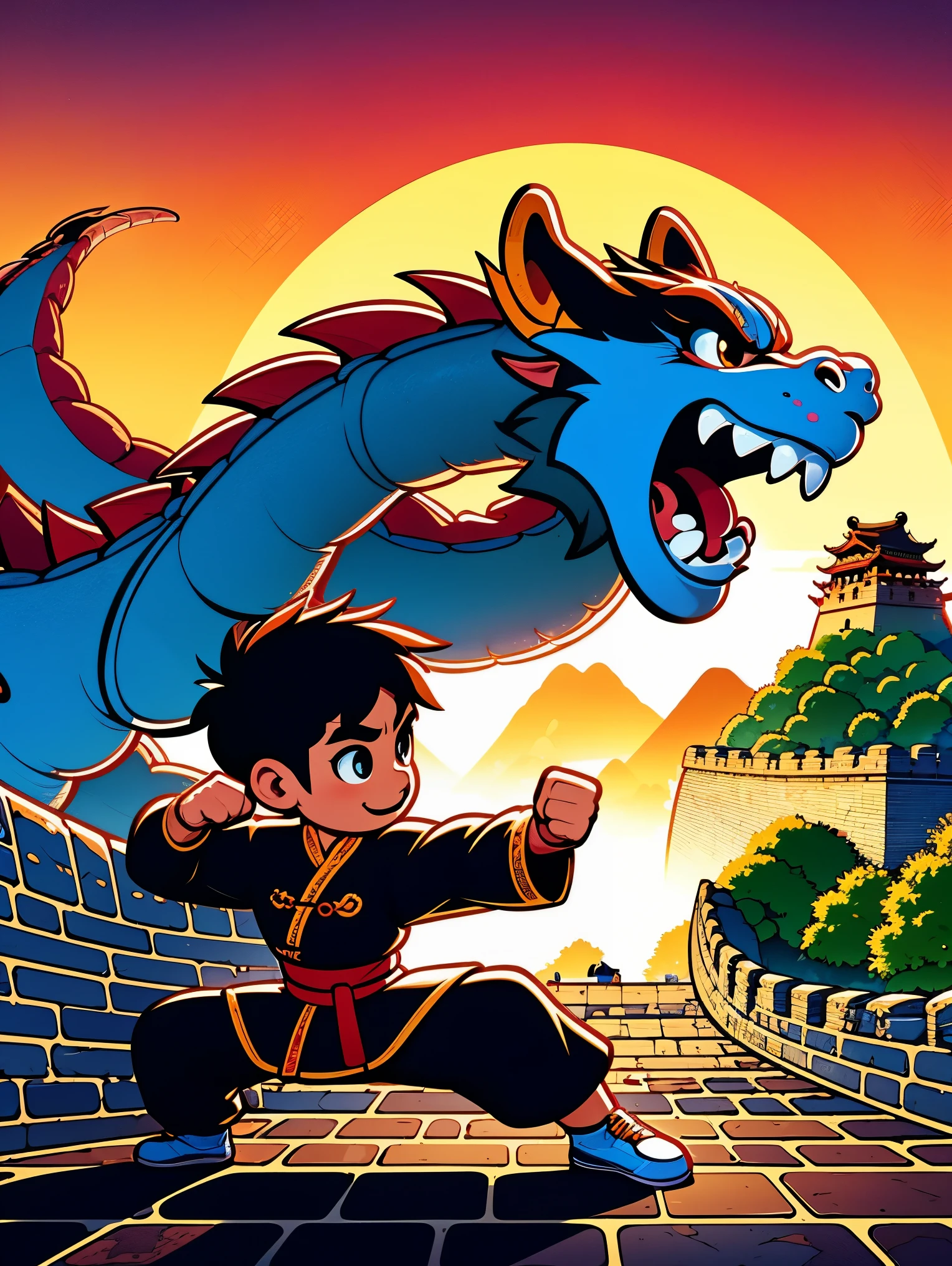 cute cartoon，中国martial arts，Vector illustration，1 boy，Oriental Dragon，Great Wall，martial arts，在一座古老的Great Wall城上的壁画训练，The background is the sunset，Heroic and heroic，Fists clenched，When preparing to attack，His clothes are full of energy，Decorated with dragon patterns，Symbolizes strength and wisdom。Extraordinarily accurate depiction of the ancient city wall environment，Includes watchtower and craggy stone textures，Surrounded by mountains in the distance，（ultra high definitiotomically correct，masterpiece，precise，best quality，8k), Vector martial arts illustration