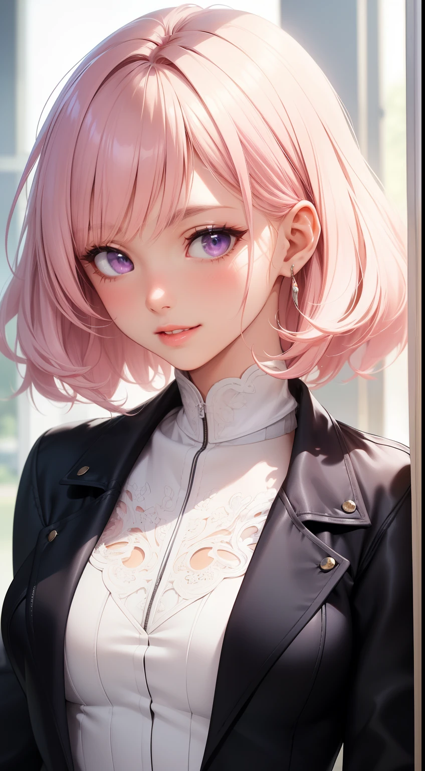 (masterpiece:1.4),best quality, 1girl, (huge breasts:1.3), , hyperdetailed, adult, mature, woman, blush,<lora:mmitsuri1:1>,mmitsuri, demon slayer uniform, white jacket, full body