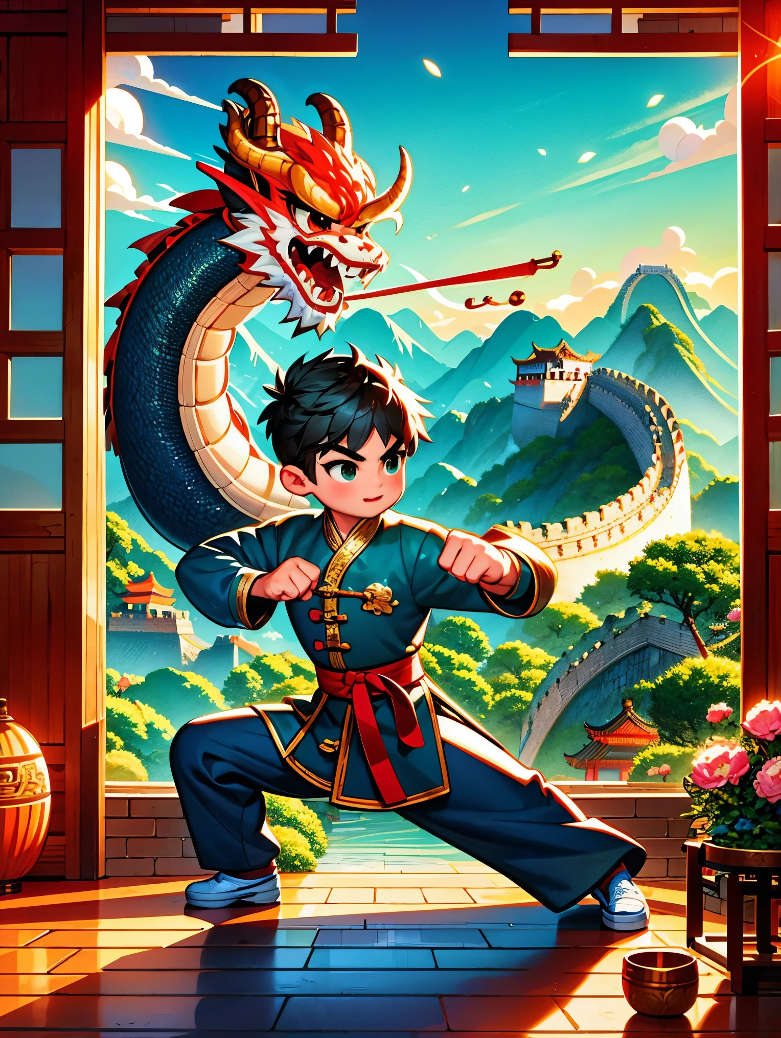 cute cartoon，中国martial arts，Vector illustration，1 boy，Oriental Dragon，Great Wall，martial arts，在一座古老的Great Wall城上的壁画训练，The background is the sunset，Heroic and heroic，Fists clenched，When preparing to attack，His clothes are full of energy，Decorated with dragon patterns，Symbolizes strength and wisdom。Extraordinarily accurate depiction of the ancient city wall environment，Includes watchtower and craggy stone textures，Surrounded by mountains in the distance，（ultra high definitiotomically correct，masterpiece，precise，best quality，8k)