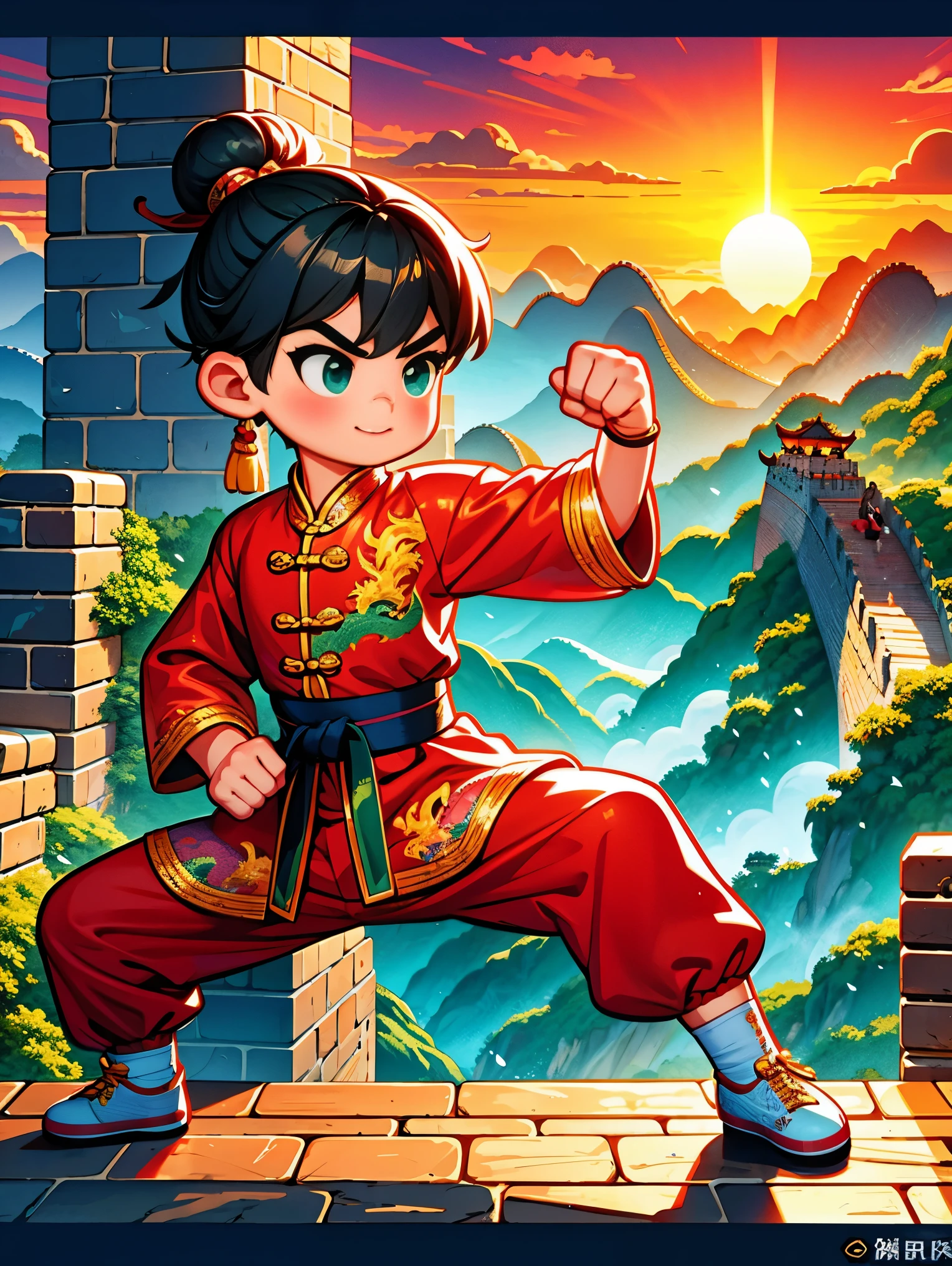 cute cartoon，中国martial arts，Vector illustration，1 boy，Oriental Dragon，Great Wall，martial arts，在一座古老的Great Wall城上的壁画训练，The background is the sunset，Heroic and heroic，Fists clenched，When preparing to attack，His clothes are full of energy，Decorated with dragon patterns，Symbolizes strength and wisdom。Extraordinarily accurate depiction of the ancient city wall environment，Includes watchtower and craggy stone textures，Surrounded by mountains in the distance，（ultra high definitiotomically correct，masterpiece，precise，best quality，8k)