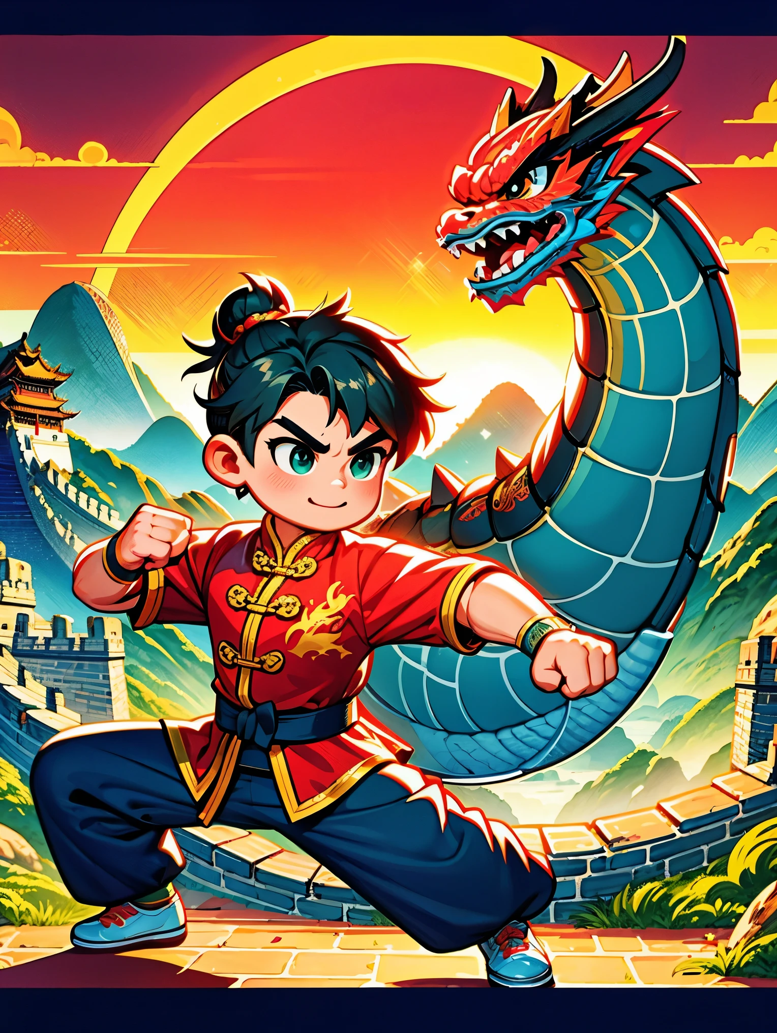 cute cartoon，中国martial arts，Vector illustration，1 boy，Oriental Dragon，Great Wall，martial arts，在一座古老的Great Wall城上的壁画训练，The background is the sunset，Heroic and heroic，Fists clenched，When preparing to attack，His clothes are full of energy，Decorated with dragon patterns，Symbolizes strength and wisdom。Extraordinarily accurate depiction of the ancient city wall environment，Includes watchtower and craggy stone textures，Surrounded by mountains in the distance，（ultra high definitiotomically correct，masterpiece，precise，best quality，8k)