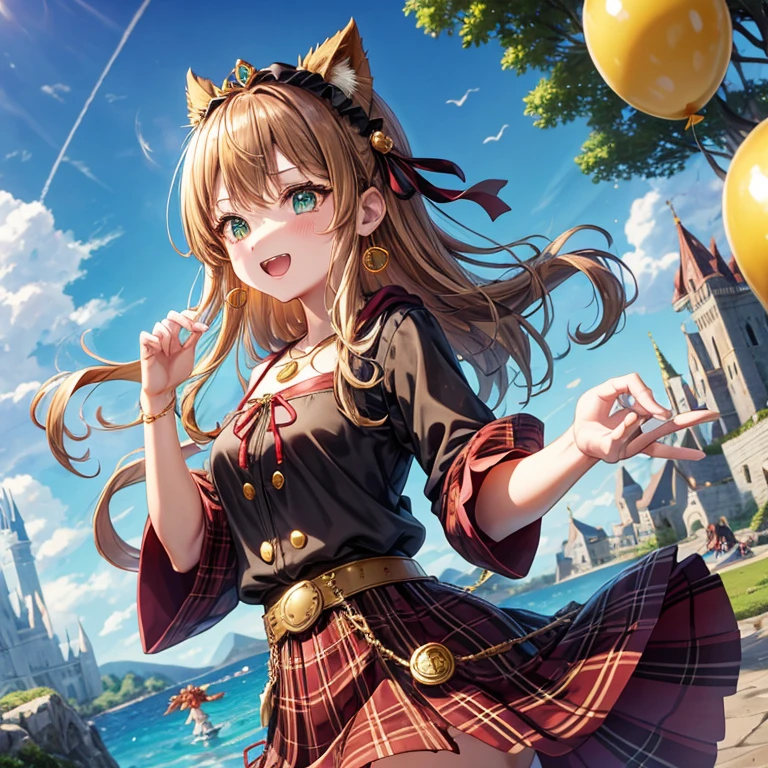 reddish-brown blonde、green eyes、one good looking girl、solo、anime、plaid mini skirt、the skirt has buttons、camisole、black t-shirt、dress、wearing a ribbon、ribbon at waist、cloak、hood、clouds are swirling、stone slabs are piled up、one hand raised、crystal earrings、sun、gold coins are falling、teeth are visible、splash of water、monster castle、have a world map、ceiling、golden key、balloon、jewelry necklace、tiara