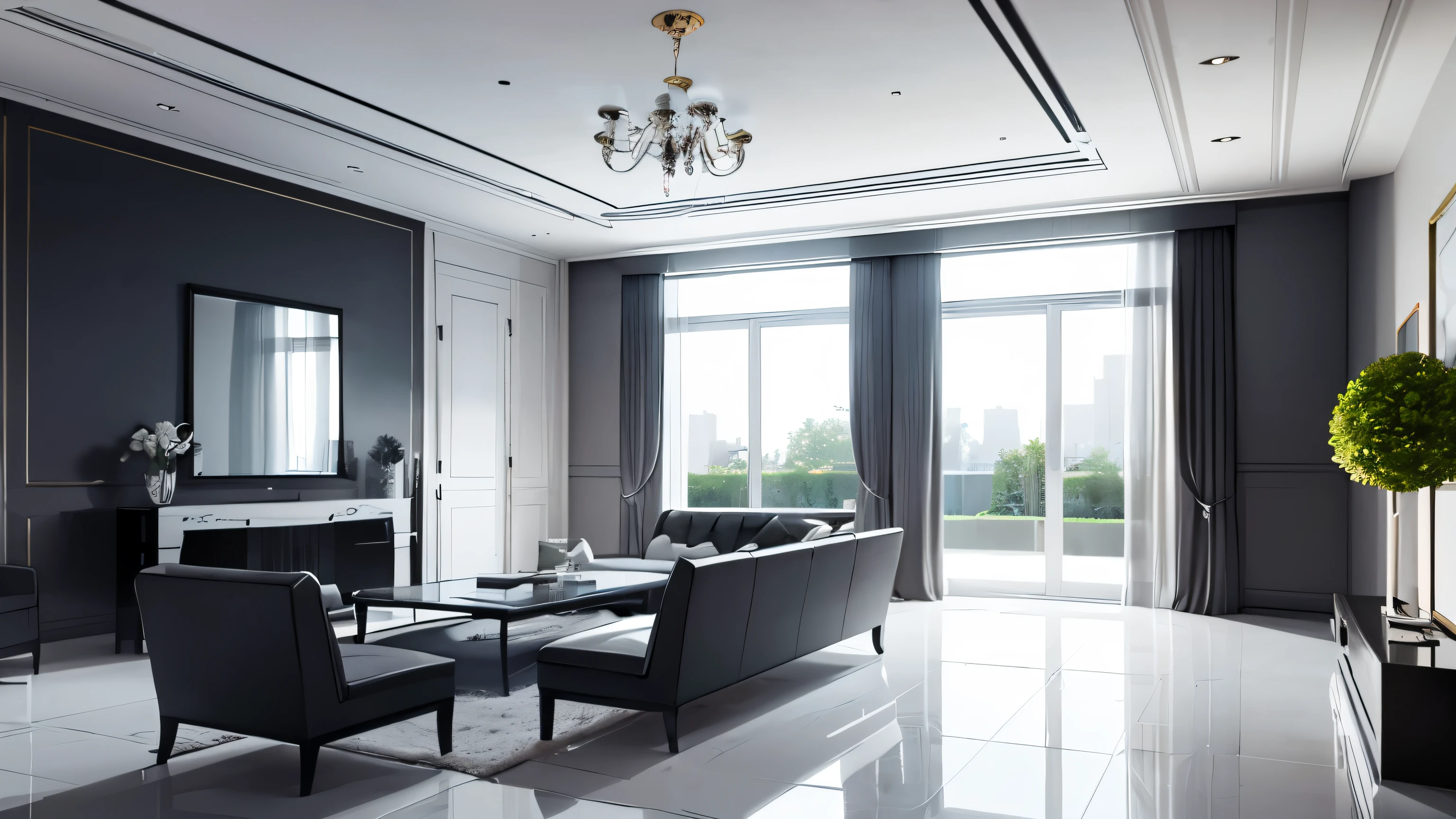 you are a famous interior designer、I was asked to create a 3D image of a large modern room.。. Create a harmonious environment with modern and minimalist furniture. Including garden interior.