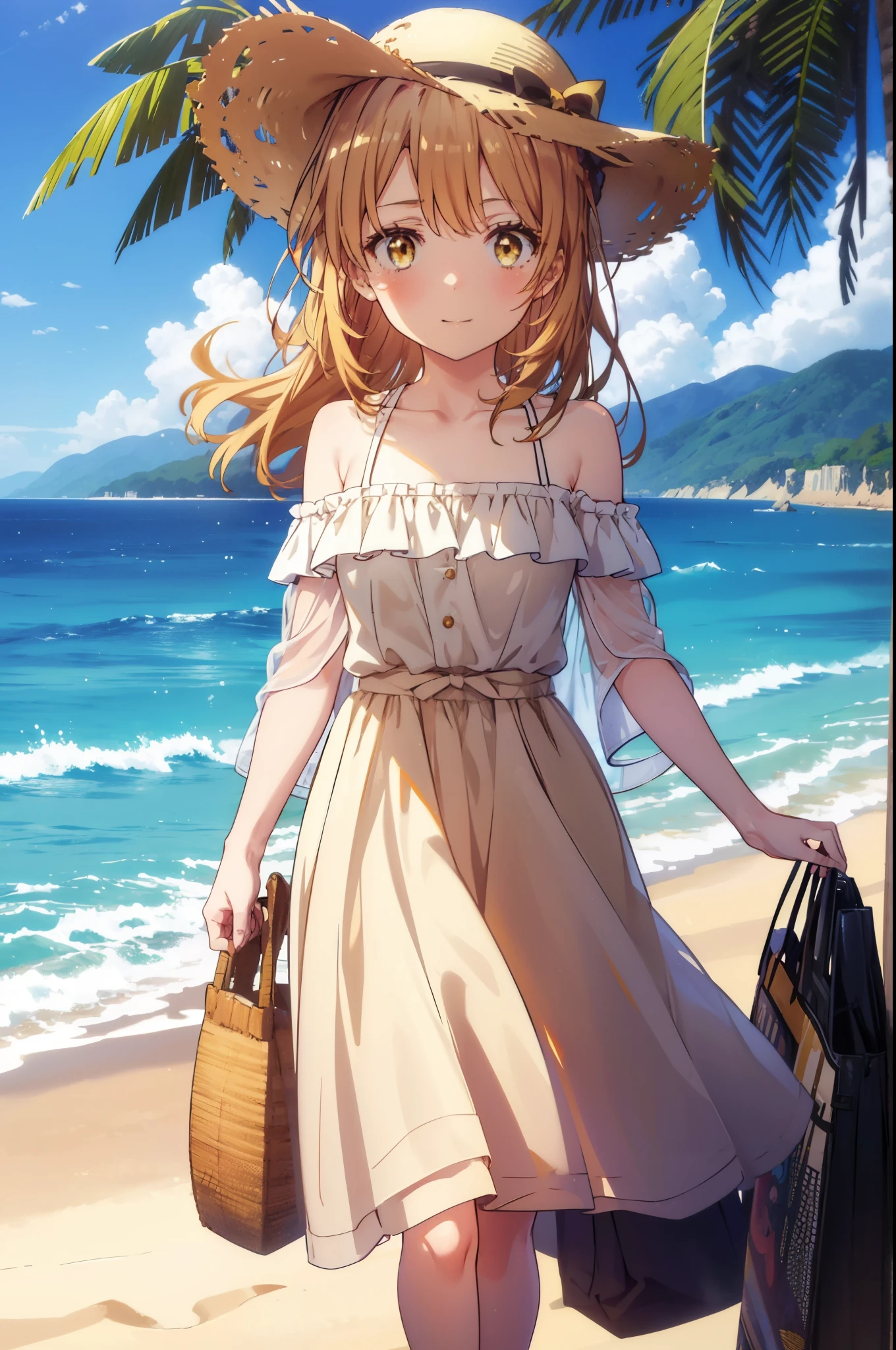 irohaisshiki, iroha isshiki, long hair, brown hair, (brown eyes:1.5), smile,blush,Big straw hat,off shoulder dress,????? neck,bare shoulders,bare clavicle,long skirt,barefoot,Turn around,
ビーチのsandy beachを散歩しながら、brown hair fluttering in the breeze,
break outdoors, sandy beach,海
break looking at viewer,
break (masterpiece:1.2), highest quality, High resolution, unity 8k wallpaper, (figure:0.8), (detailed and beautiful eyes:1.6), highly detailed face, perfect lighting, Very detailed CG, (perfect hands, perfect ???????),