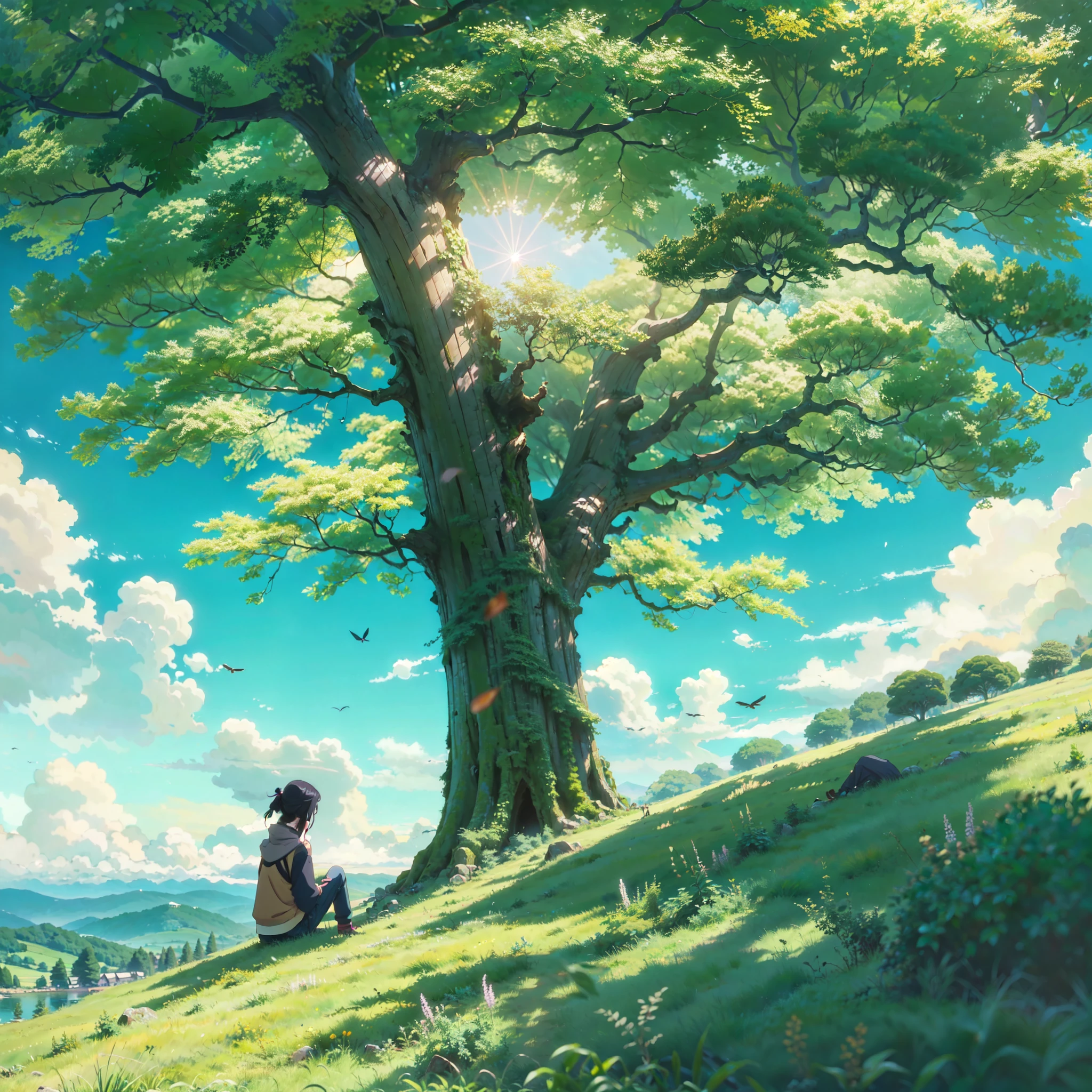 anime scene of a person sitting under a tree in a field, anime nature wallpap, anime nature, anime background, anime landscape wallpaper, beautiful anime scenery, anime landscape, anime countryside landscape, anime scenery, anime beautiful peace scene, beautiful anime scene, anime background art, makoto shinkai!, anime lush john 8k woods, anime movie background