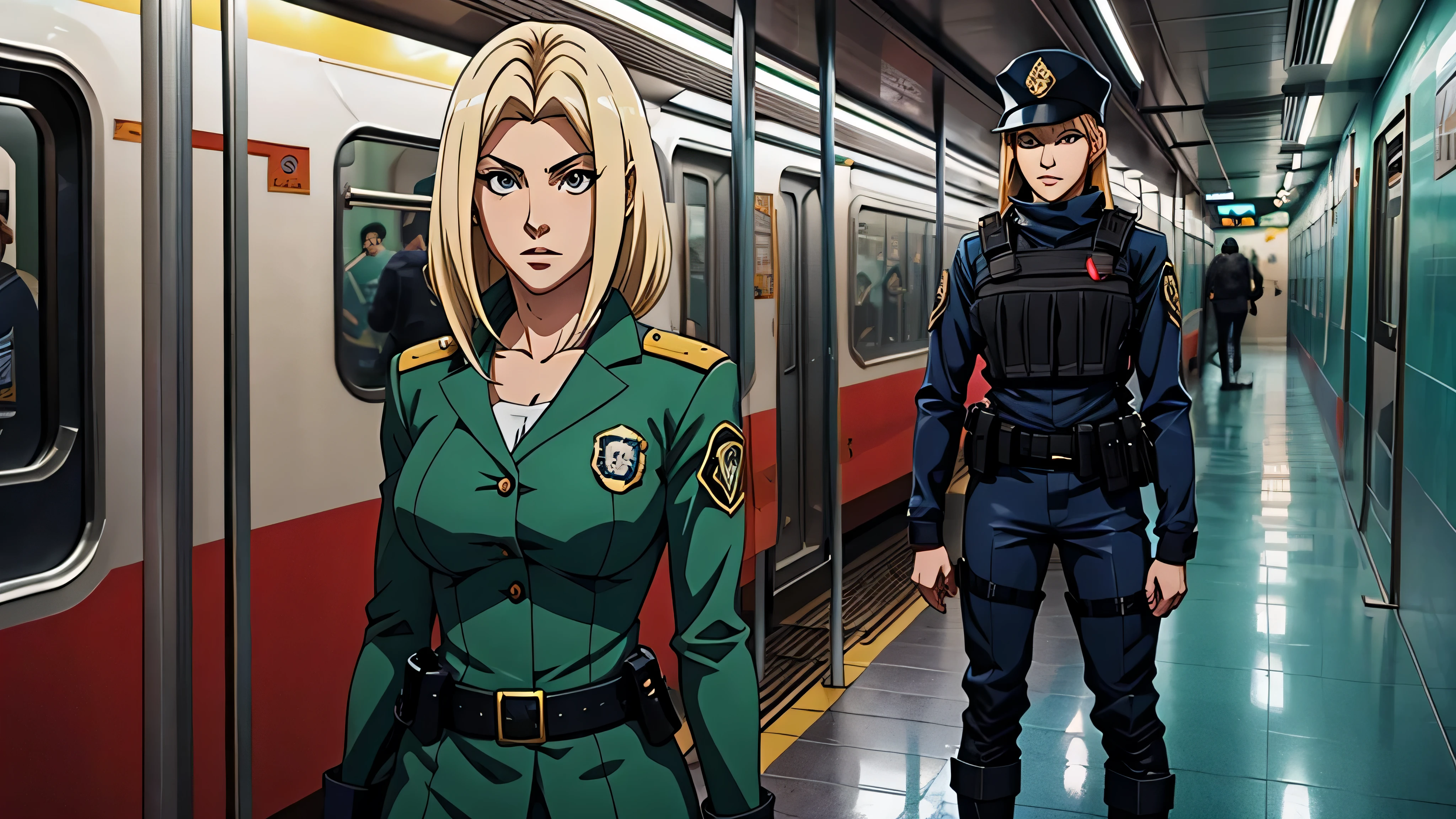 garota de anime, cabelos pretos, roupa policial, trem, Subway, garotos ao fundo da imagem