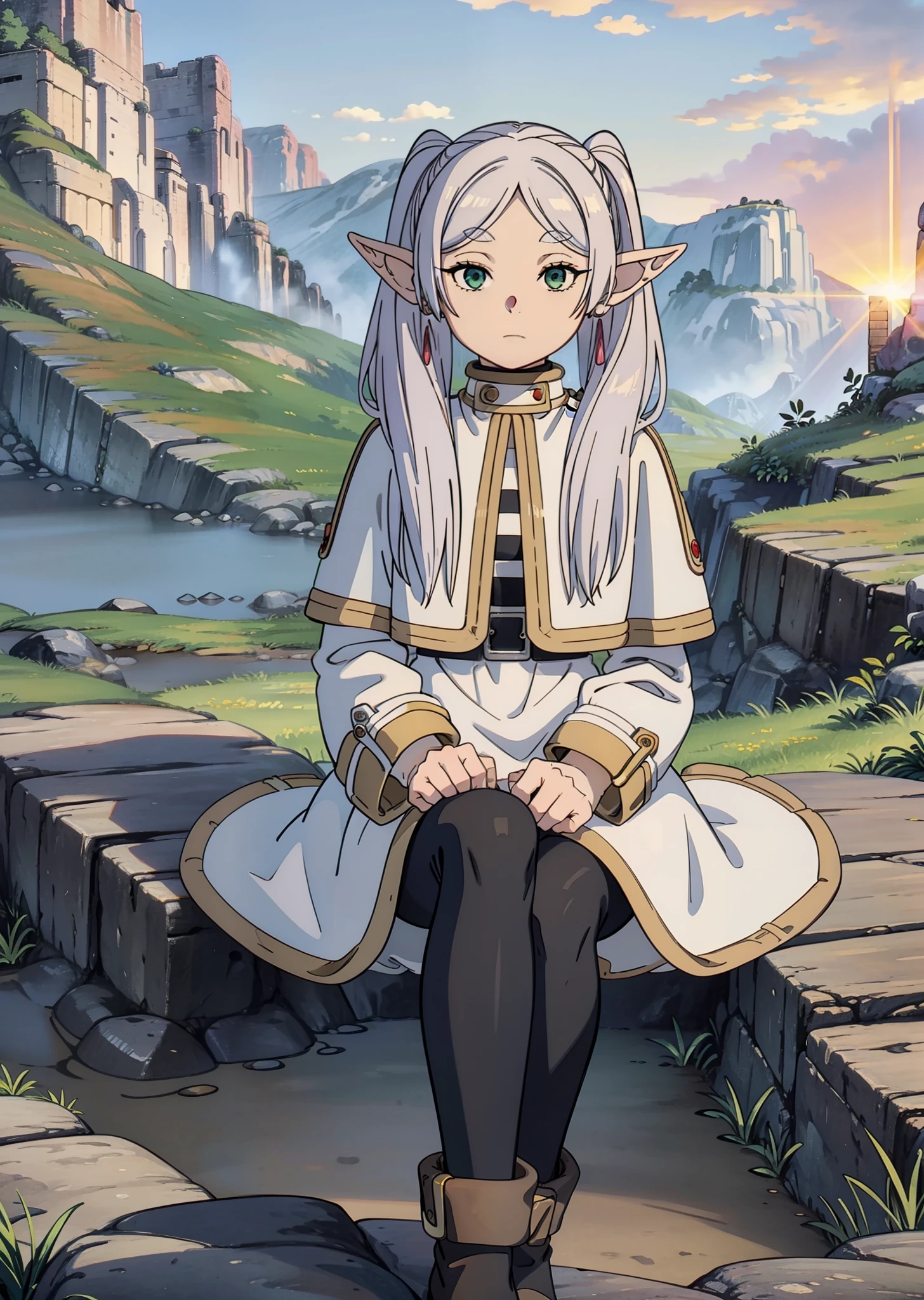 [helltaker], ((masterpiece)), ((HD)), ((high res)), ((beautiful render art)), ((solo portrait)), ((waist-up)), ((front view)), ((detailed shading)), {(attractive); (long elf ears), (long white hair), (cute green eyes), (detailed green iris), (long white eyelashes), (detailed legs), (beautiful legs), (relaxed expression)}, {(white dress), (long sleeve), (black leggings), (brown boots)}, {(sitting on rock), (crossed legs), (looking at viewer)}, [background; (mountains), (grass plains), (sunset), (sun rays), (ambient lighting)]