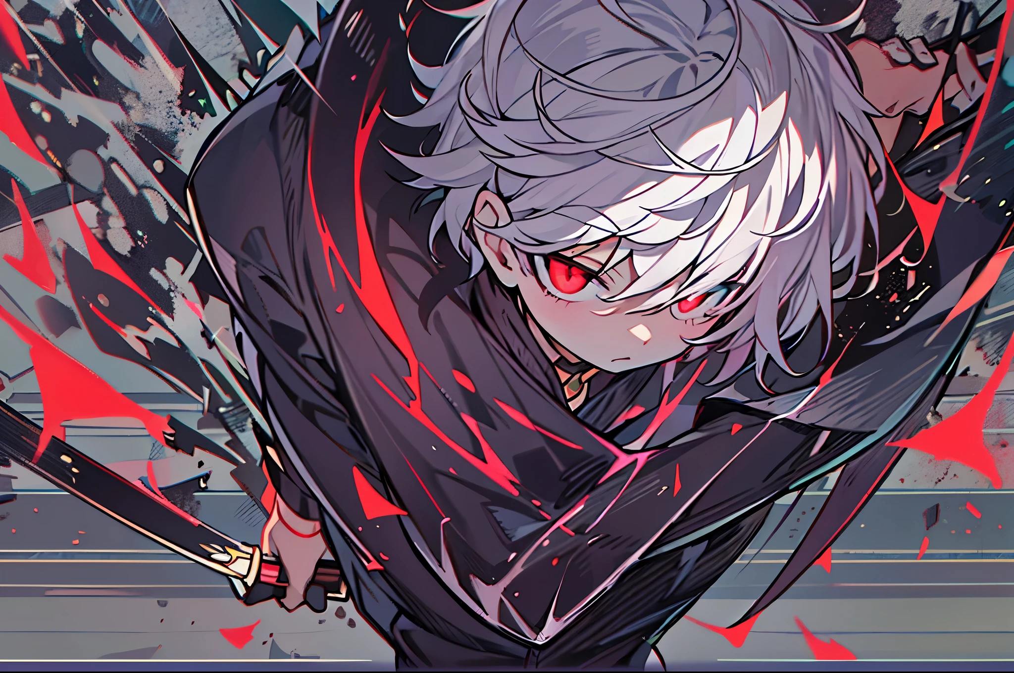 High resolution、to close range、one boy、(solo)、Anime boy with white hair and red eyes staring at the camera、glowing red eyes、slim、Blackening、shadow body、colorful background、messy hair、Yamaro Yandere、diagonal angle