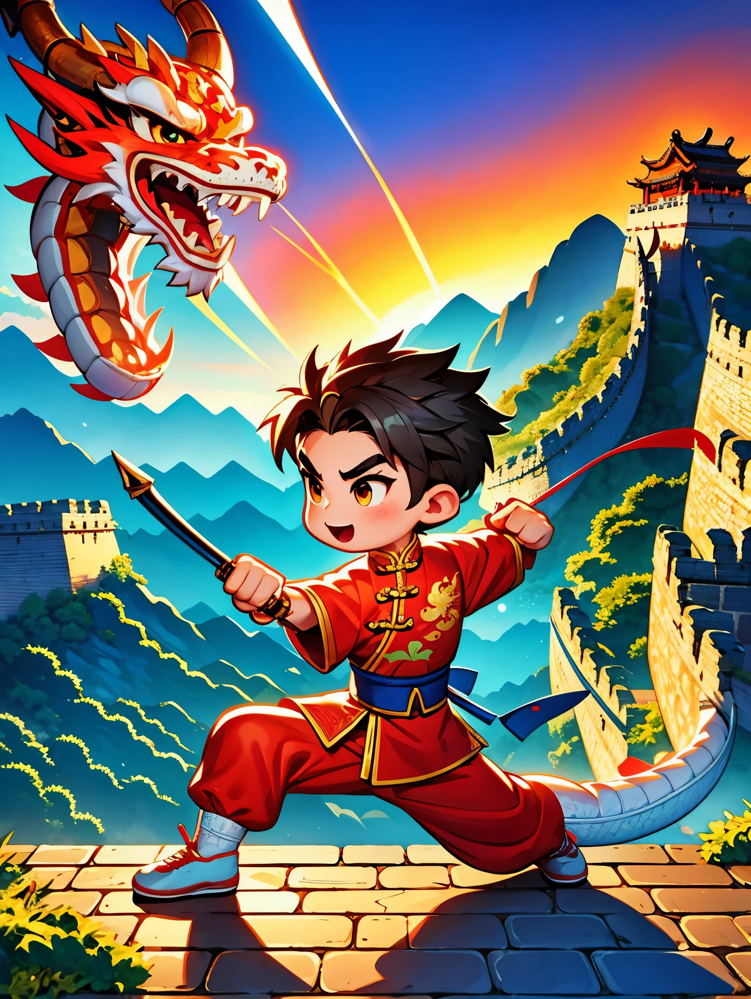 cute cartoon，中国martial arts，Vector illustration，1 boy，Chinese dragon，Oriental Dragon，Great Wall，martial arts，在一座古老的Great Wall城上的壁画训练，The background is the sunset，Heroic and heroic，Fists clenched，When preparing to attack，His clothes are full of energy，Decorated with dragon patterns，Symbolizes strength and wisdom。Extraordinarily accurate depiction of the ancient city wall environment，Includes watchtower and craggy stone textures，Surrounded by mountains in the distance，（ultra high definitiotomically correct，masterpiece，precise，best quality，8k)，矢量martial arts插画