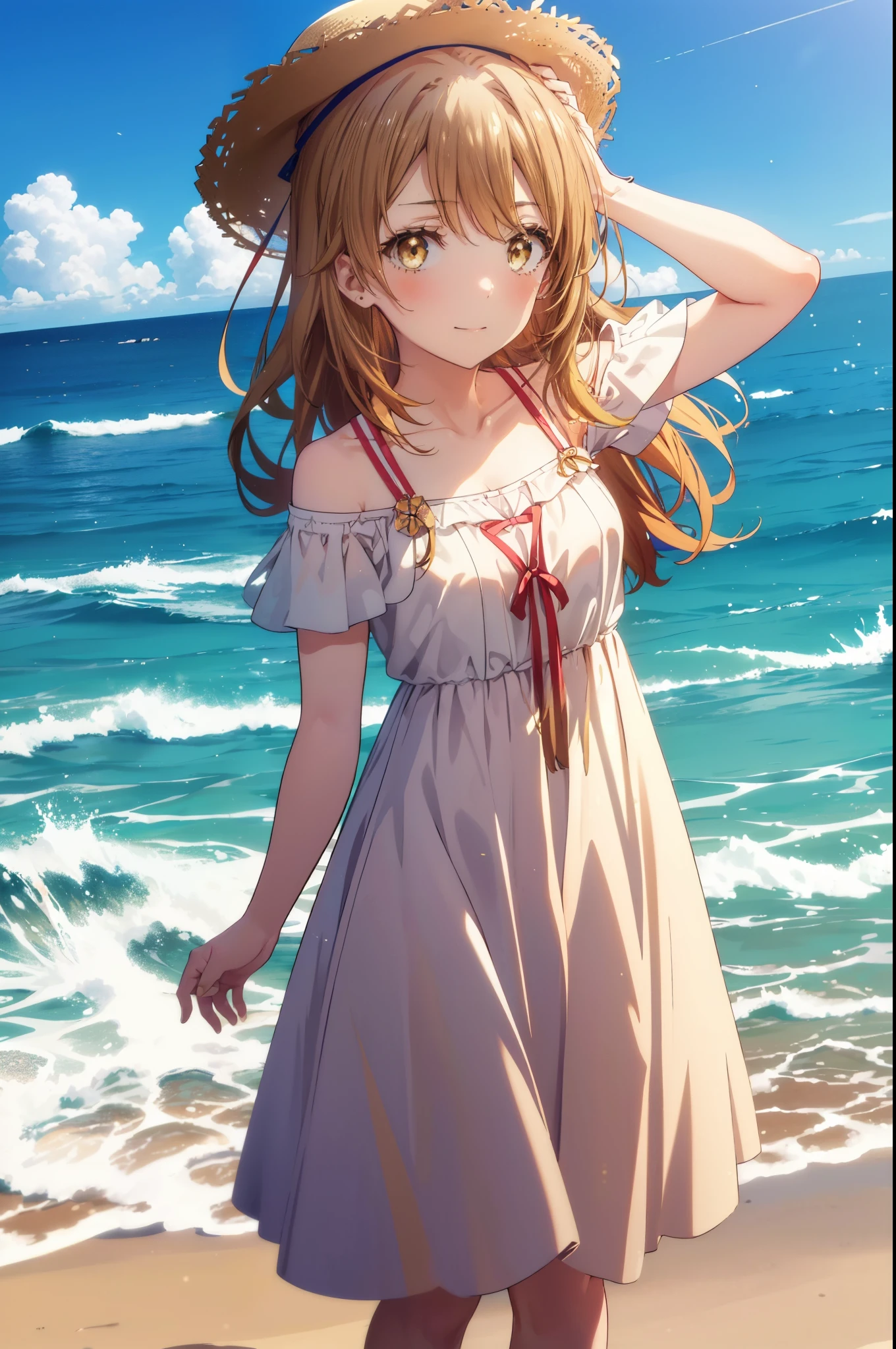 irohaisshiki, iroha isshiki, long hair, brown hair, (brown eyes:1.5), smile,blush,Big straw hat,off shoulder dress,naked neck,bare shoulders,long skirt,barefoot,Turn around,
ビーチのsandy beachを散歩しながら、brown hair fluttering in the breeze,
break outdoors, sandy beach,海
break looking at viewer,
break (masterpiece:1.2), highest quality, High resolution, unity 8k wallpaper, (figure:0.8), (detailed and beautiful eyes:1.6), highly detailed face, perfect lighting, Very detailed CG, (perfect hands, perfect anatomy),
