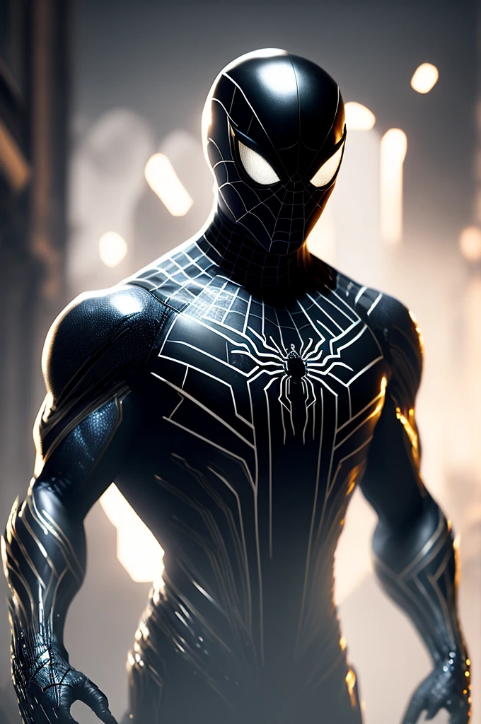 In an exquisitely detailed 8k image (1.2), a captivating Spider-Man dons his black suit, the iconic spider emblem gleaming in pristine white at the center of his chest. His attire appears organic and lifelike, as if made of gooey, living material, a testament to the symbiote's influence. White, intense eyes scrutinize the onlooker, reflecting a heightened sense of awareness. This artwork, reminiscent of official comic designs, is rendered in a photo-realistic style (1.37). The PS5 cinematic screenshot showcases highly detailed, cinematic renderings,