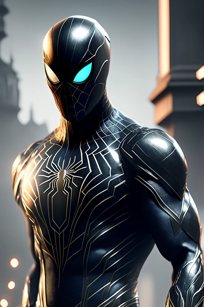 In an exquisitely detailed 8k image (1.2), a captivating Spider-Man dons his black suit, the iconic spider emblem gleaming in pristine white at the center of his chest. His attire appears organic and lifelike, as if made of gooey, living material, a testament to the symbiote's influence. White, intense eyes scrutinize the onlooker, reflecting a heightened sense of awareness. This artwork, reminiscent of official comic designs, is rendered in a photo-realistic style (1.37). The PS5 cinematic screenshot showcases highly detailed, cinematic renderings,