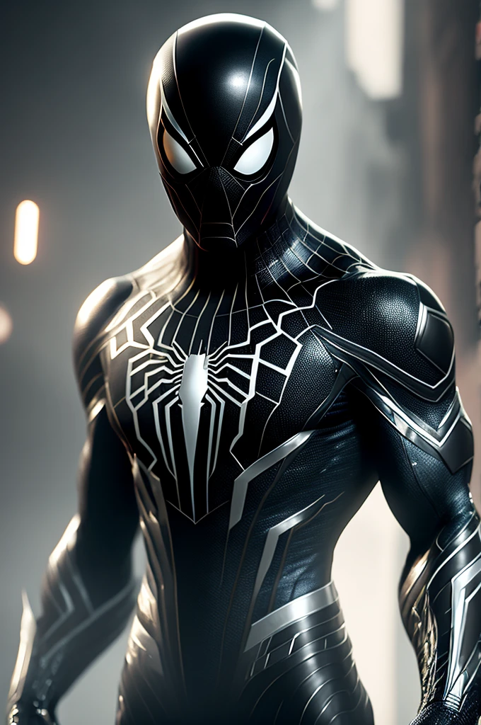 In an exquisitely detailed 8k image (1.2), a captivating Spider-Man dons his black suit, the iconic spider emblem gleaming in pristine white at the center of his chest. His attire appears organic and lifelike, as if made of gooey, living material, a testament to the symbiote's influence. White, intense eyes scrutinize the onlooker, reflecting a heightened sense of awareness. This artwork, reminiscent of official comic designs, is rendered in a photo-realistic style (1.37). The PS5 cinematic screenshot showcases highly detailed, cinematic renderings,