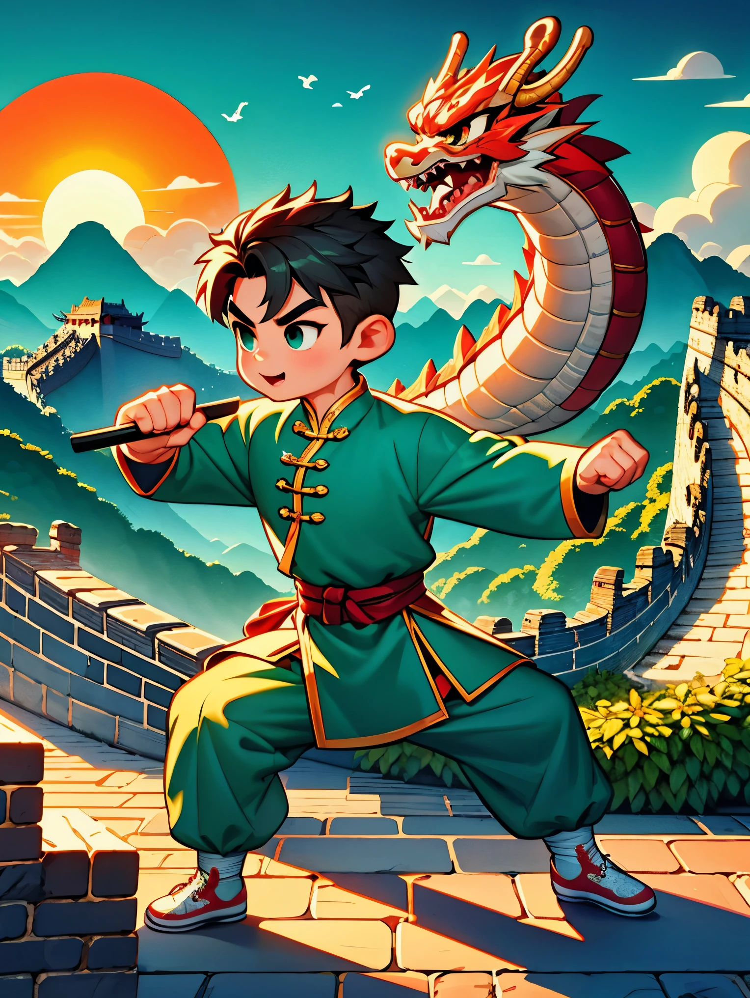 cute cartoon，中国martial arts，Vector illustration，1 boy，Chinese dragon，Oriental Dragon，Great Wall，martial arts，在一座古老的Great Wall城上的壁画训练，The background is the sunset，Heroic and heroic，Fists clenched，When preparing to attack，His clothes are full of energy，Decorated with dragon patterns，Symbolizes strength and wisdom。Extraordinarily accurate depiction of the ancient city wall environment，Includes watchtower and craggy stone textures，Surrounded by mountains in the distance，（ultra high definitiotomically correct，masterpiece，precise，best quality，8k)，矢量martial arts插画