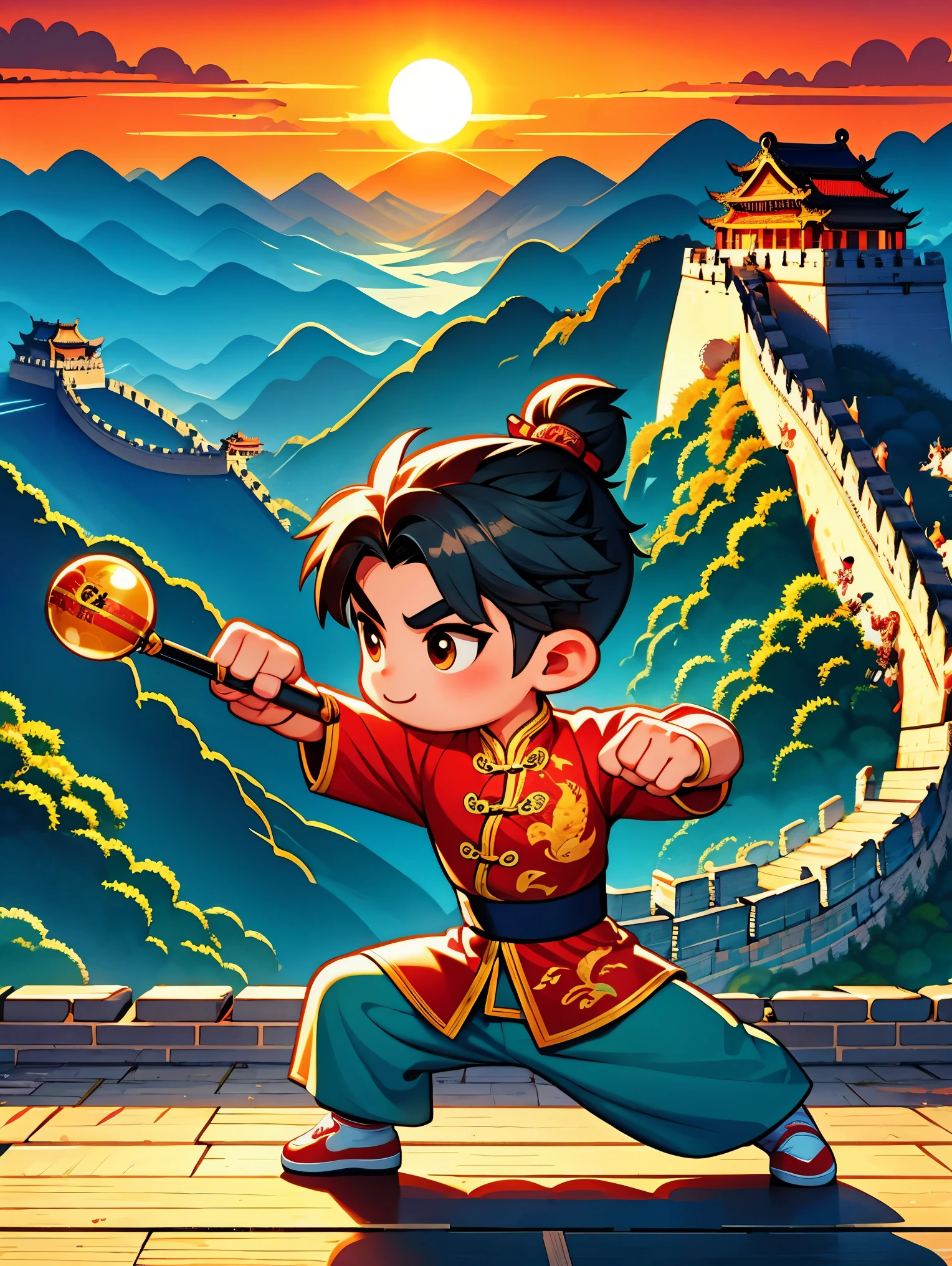 cute cartoon,中国martial arts,Vector illustration,1 boy,Chinese dragon,Oriental Dragon,Great Wall,martial arts,在一座古老的Great Wall城上的壁画训练,The background is the sunset,Heroic and heroic,Fists clenched,When preparing to attack,His clothes are full of energy,Decorated with dragon patterns,Symbolizes strength and wisdom。Extraordinarily accurate depiction of the ancient city wall environment,Includes watchtower and craggy stone textures,Surrounded by mountains in the distance,(ultra high definitiotomically correct,masterpiece,precise,best quality,8k),矢量martial arts插画