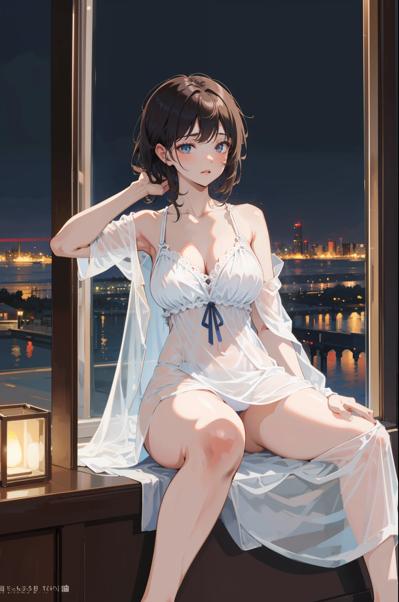(masterpiece), (best quality), photography, 1girl, sitting, sexy nightgown, mature woman, big breast, window, rainy night, low key, dark, art, at night, soft light