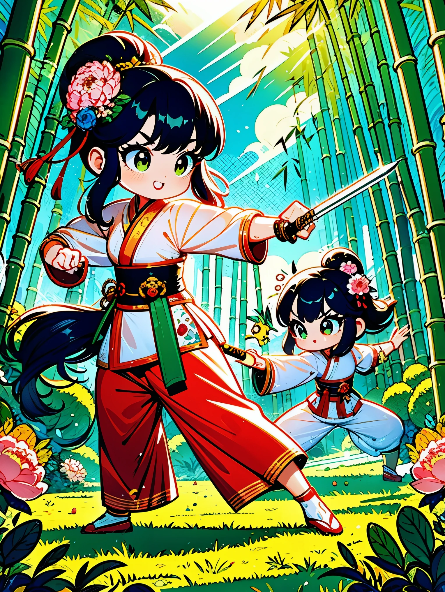 cute cartoon，中国martial arts，vector illustration，1 girl，bamboo forest，martial arts，The posture is full of vitality，Holding a long sword，The costumes are brightly colored，style traditional，Featuring peonies and waves，bamboo forest环境幽静，Lush，tall bamboo stalks，The sun shines dappled sunlight through the leaves，open space，driving range，(UHD, anatomically correct, masterpiece, ccurate, best quality, 8k), Vector martial arts illustration