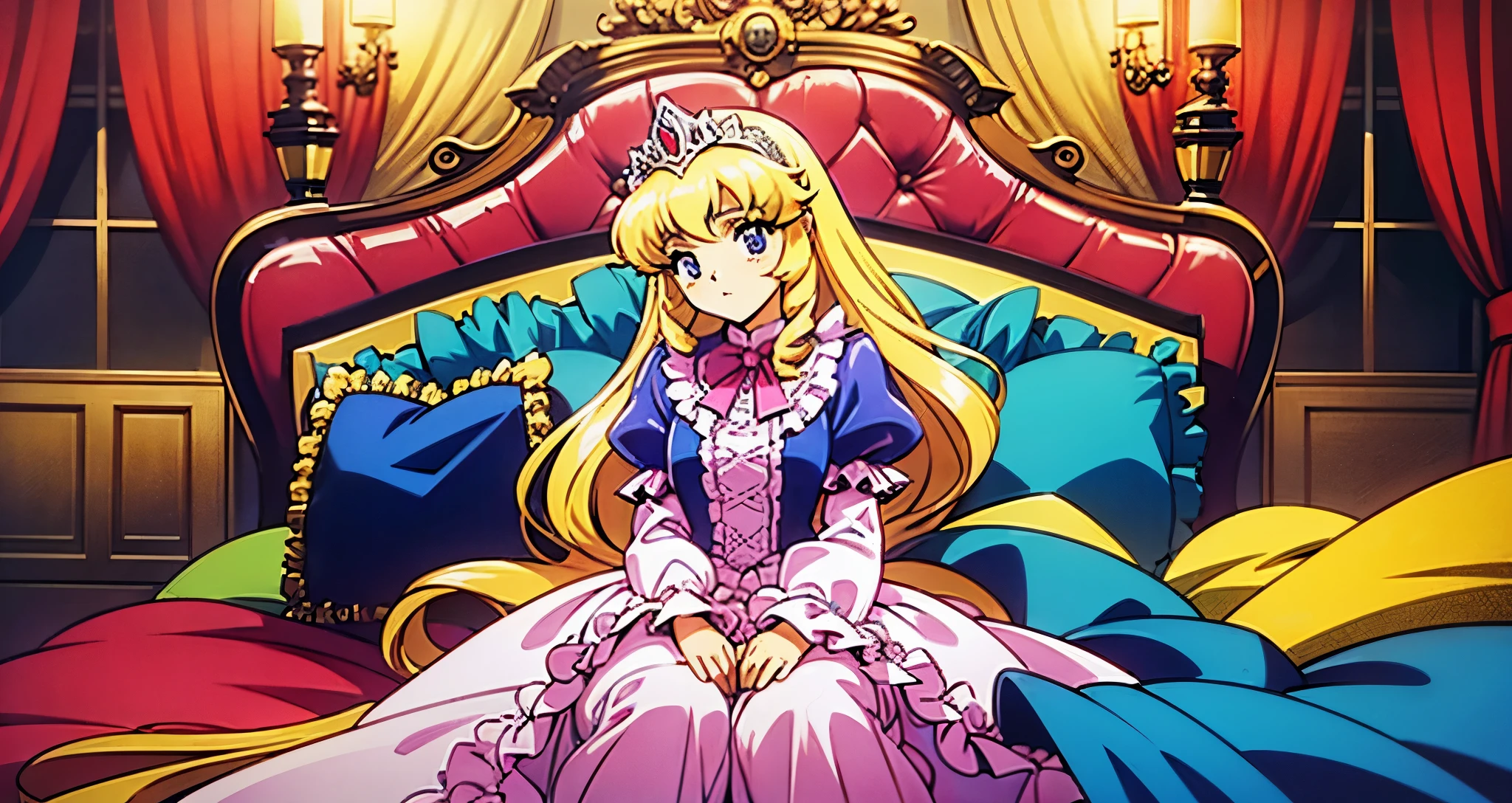 ,highest quality, masterpiece, highest resolution, artwork, super それにget used to it, many get used to it, get used to it, それにget used to it, 3K anime illustration,,(( When I was )),Super detailed baby face,She is a princess,Full length ball gown dress with hoop skirt,ruffled yoke collar,puff sleevesg sleeve,((Lolita style hotdetailed princess satin dress、Comes with lots of frills and ribbons。)),colorful rococo fashion,shiny satin dress,Soft and smooth fabric,luxury,long blonde hair,blue eyes,white skin european,pajamas,((inside the palace)),,,(( When I was 10 years old)),Super d face,Full length ball gown dress with hoop skirt,long skirt,ruffled yoke collar,puff sleeves,腰まで伸びるlong blonde haiue eyes,white skin european,pajamas,((inside the palace bedroom)),ピンクのシルクサテンのluxuryなcanopy bedの上,canopy bed,luxurious curtains under the canopy,many frilly pillows on the bed,super detailed background,detailed bed,silk satin bed sheets,soft silk satin comforter,Soft silk satin ruffled pillow in pastel colors,little princess is sitting on the bed,legs are hidden in the dress,Don't put your feet out to the side,Beautiful girl illustration,detailed beautiful face detailed hair,detailed human eye ,detailed mouth, arm details,fine hands,Detailed pillow,Frilly pillows piled up behind the girl,