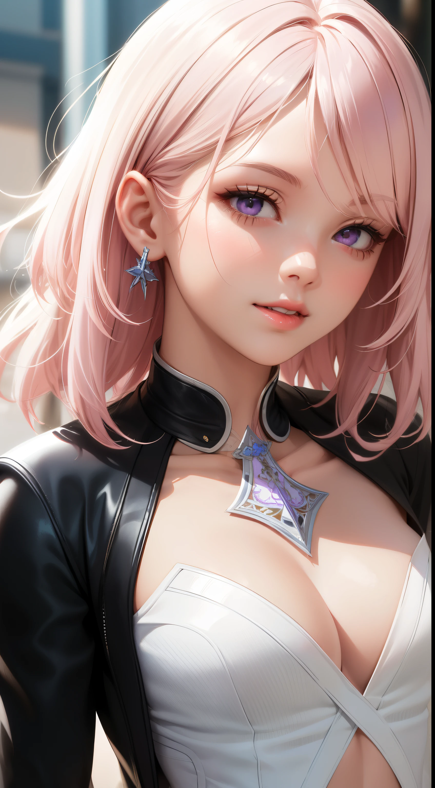 (1 girl), (pink  hair, shorth hair:1.3), beautiful hairstyle, realisticeyes, beautiful detailed eyes, blue colored eyes, bushy eyebrows, (realisic skin), beautiful fur, no clothing, slim body, pink nipples, black fur coat, ripped pink shirt, black collar, pink pubic hair, robotic arm, cyber punk background