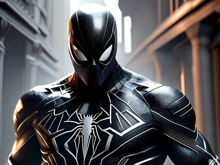 (8k, foto RAW, melhor qualidade, obra-prima: 1.2) An ultra-detailed, highly realistic image of Spider-Man donning his black suit, with the spider symbol in white prominently displayed on his chest. The organic-looking clothing shows a gooey texture, highlighting the presence of the symbiote. The fine art rendering displays an intricate webbing pattern and white eyes full of intensity. This PS5 cinematic screenshot boasts highly detailed, cinematic rendering with ultra-photorealistic raytracing, accompanied by cinematic lighting for an action-packed pose.